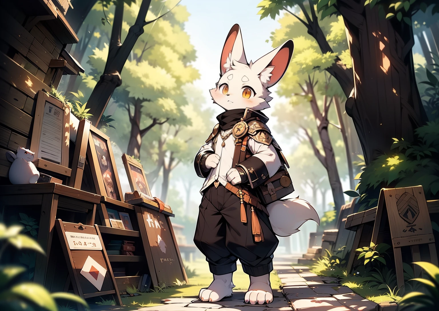 Libido boy,furry,((Shota)), Black and white hair, Very good figure, Handsome,adolable, Light:Extreme light and shadow, ((worn-out clothing,Commoner)) ,((Deep in the forest,Stone path,Signs,独奏,solo person)),Outdoor sunset,((the detail)),(depth of fields),standing on your feet, A fuzzy anthropomorphic white rabbit with long black ears, amber eyes, fantasy style, anime style, full body, detailed, big fluffy tail, unrealplace,