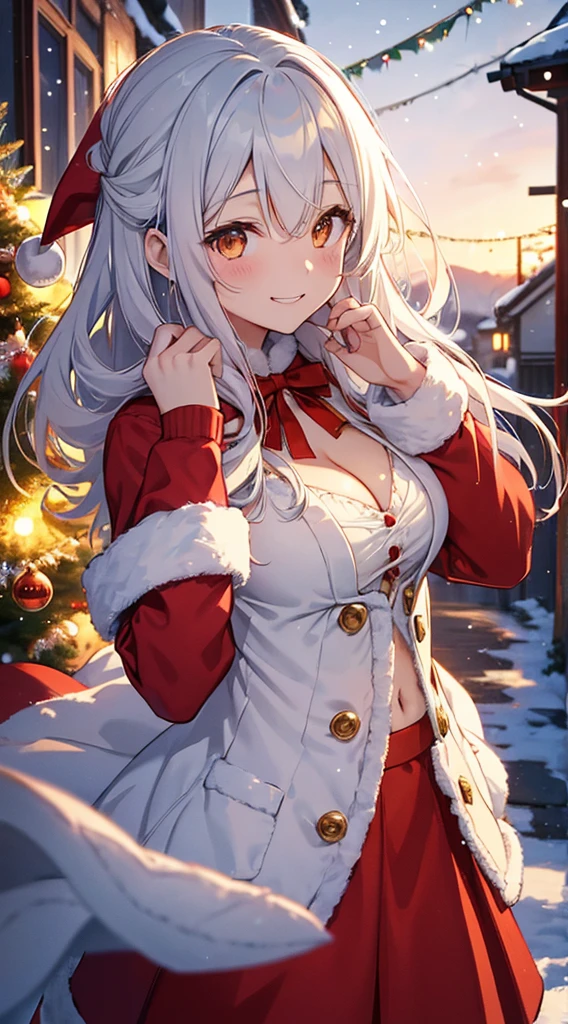 女の子1人、Santa Girl、Christmas、nigh sky、Christmas tree、It's snowing、、Too large breasts、cleavage of the breast、Red Santa Claus Lace One Piece Luffy&#39;White cloak、Navel Ejection、white  hair、Twin-tailed、Fluffy and soft long hair、A sparkling Christmas night、stele々shining brightly、A smile、Golden Eyes、European streets are decorated for Christmas