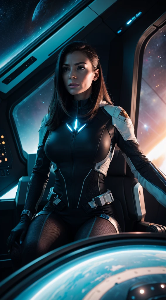 Exterior medium long shot of a futuristic spaceship from the outside of space though the window of the space ship's cockpit, inside sits the captain at her command set, an intrepid and beautiful woman a beautiful vibrant female space adventurer, in a dynamic pose, angry exited expressive look upon her face, seated in the captain's chair in deep space super sleek futuristic spaceship design of the future look at the intrepid commander of space adventurer in her planetary pursuit , work tablet at hand, gazing out at the chaotic scene, octane render, high quality star sailor woman hyperdetailed space transport, dark forbidding planet 24k photorealistic