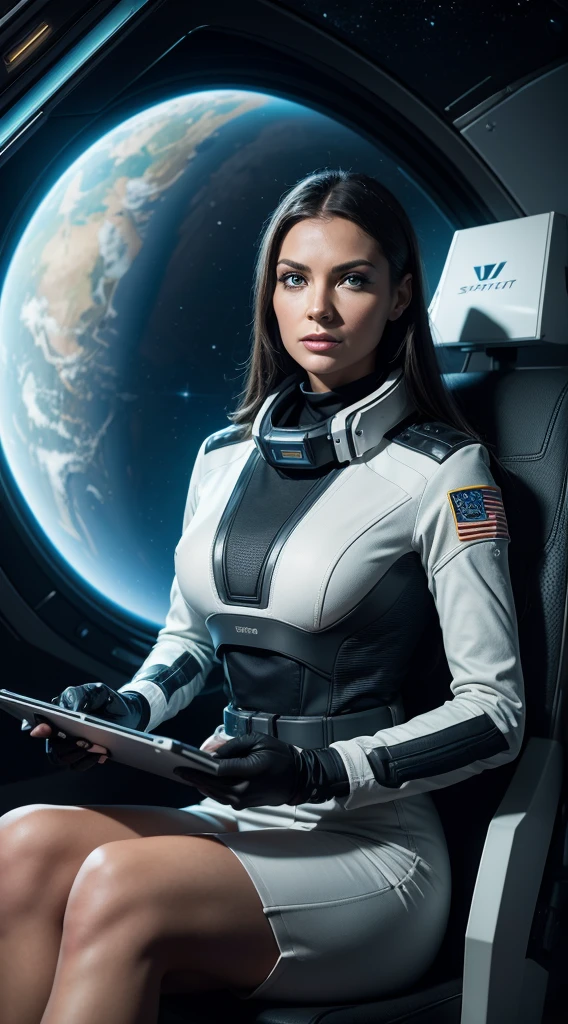 Exterior medium long shot of a futuristic spaceship from the outside of space though the window of the space ship's cockpit, inside sits the captain at her command set, an intrepid and beautiful woman a beautiful vibrant female space adventurer, in a dynamic pose, angry exited expressive look upon her face, seated in the captain's chair in deep space super sleek futuristic spaceship design of the future look at the intrepid commander of space adventurer in her planetary pursuit , work tablet at hand, gazing out at the chaotic scene, octane render, high quality star sailor woman hyperdetailed space transport, dark forbidding planet 24k photorealistic