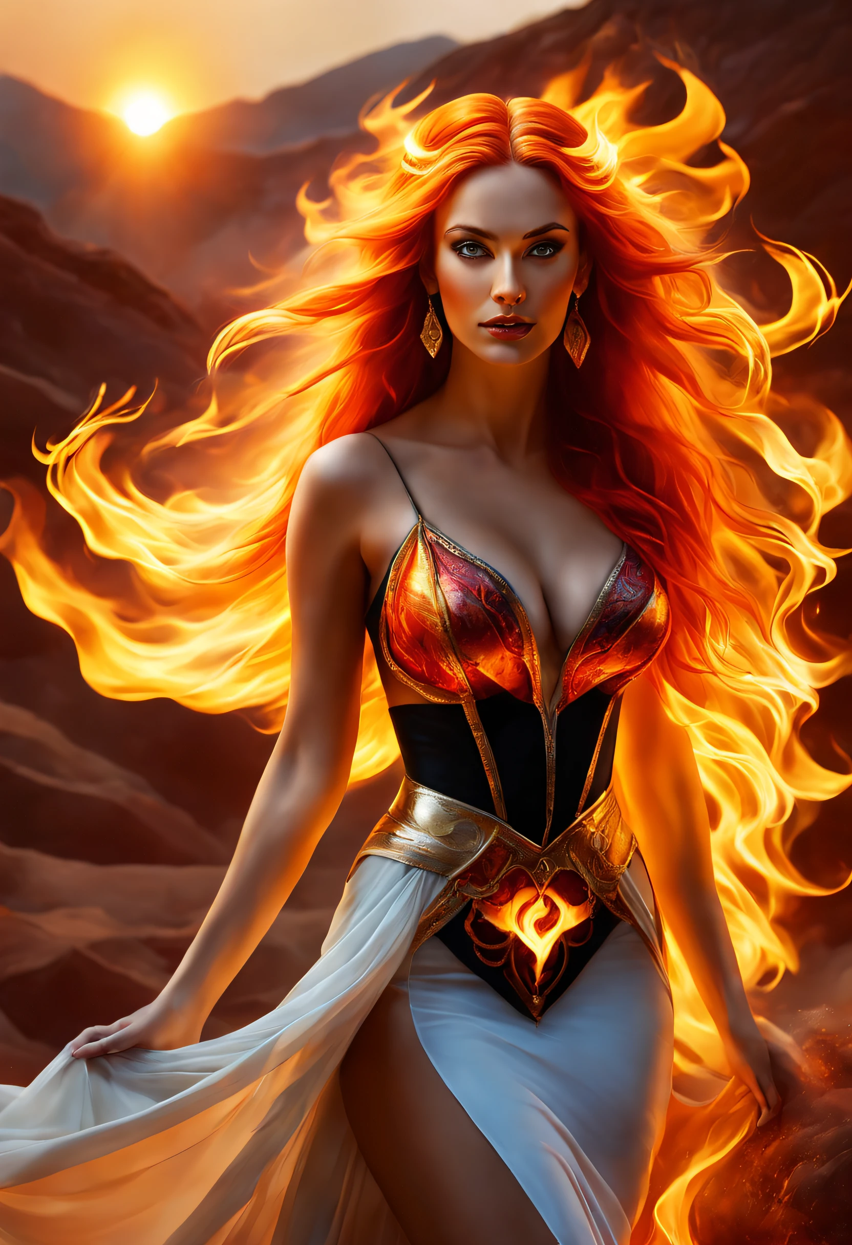 a fiery goddess, vibrant colors, intense flames, flowing red hair, mesmerizing eyes, glowing skin, powerful presence, engulfed in flames, ethereal beauty, mystical aura, elegant and fierce, mythical figure, radiant heat, burning passion, dynamic composition, sparks flying, divine power, otherworldly energy, fiery surroundings, intense heat and light, magical transformation, goddess of destruction and creation, vibrant and captivating, commanding attention, intense inferno, majestic and unstoppable, captivating gaze, transcendent being, a symbol of power and strength