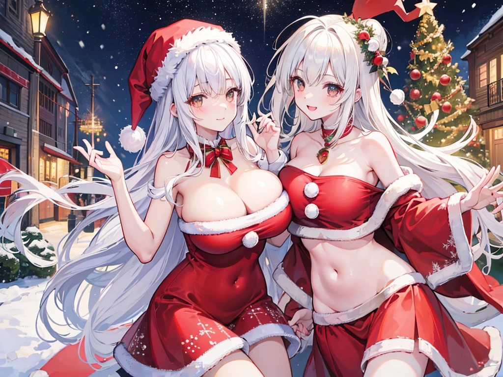 女の子1人、Santa Girl、Christmas、nigh sky、Christmas tree、It's snowing、、Too large breasts、cleavage of the breast、Red Santa Claus Lace One Piece Luffy&#39;White cloak、Navel Ejection、white  hair、Twin-tailed、Fluffy and soft long hair、A sparkling Christmas night、stele々shining brightly、A smile、Golden Eyes、European streets are decorated for Christmas