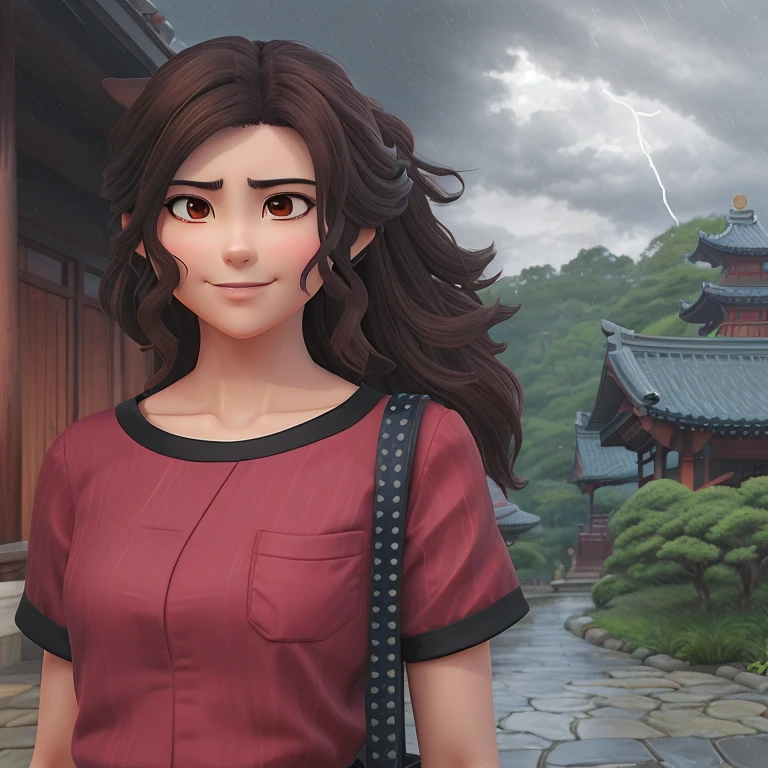 anime girl with long brown hair and a red shirt standing in front of a Chinese-style building, thunderstorm sky background, rainy weather, inspired by Torii Kiyomitsu, stylized fantasy artwork, inspired by Chizuko Yoshida, Inspired by Itō Shinsui, inspired by Torii Kiyomasu, inspired by Taiyō Matsumoto, inspired by Gigadō Ashiyuki