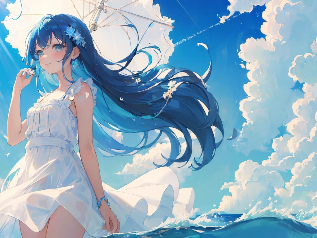 happy,(((masterpiece))),best quality,white ????????,ocean,((blue sky)),standing,from below,(beautiful detailed girl),earrings,long hair,swept bangs,blue hair, (1 girl),hand in own hair,wind,water splash