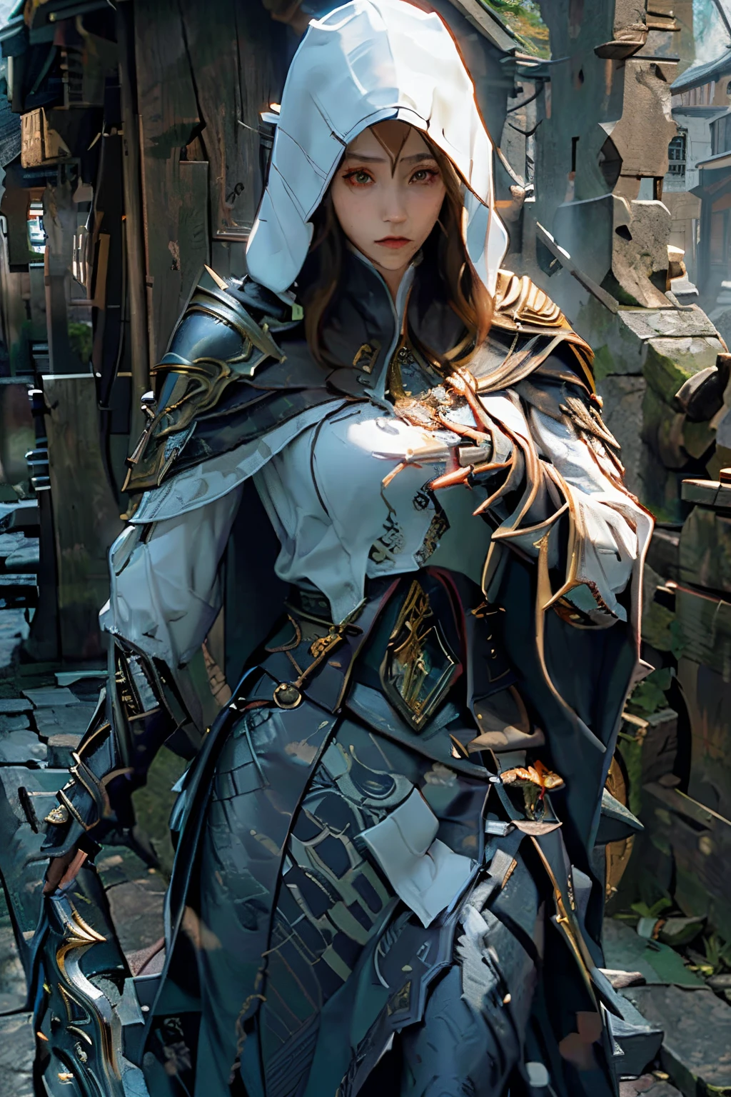 scarfed skinny female assassin doing badass pose, badass pose, white hood,  golden should amor, armoured, assassin, assassin's creed, aerodynamic frame, white robe, armored, dagger, golden shoulder armor, armored dress, dagger, assassin pose, hood, hooded, female assassin, beautiful female assassin, 4k detailed art, tyler edlin fantasy art, inspired by Magali Villeneuve, 4k fantasy art, ultra detailed lighting, ultra detailed game art, portrait ezio auditore as female, magali villeneuve', alena aenami and artgerm, detailed digital 2d fantasy art