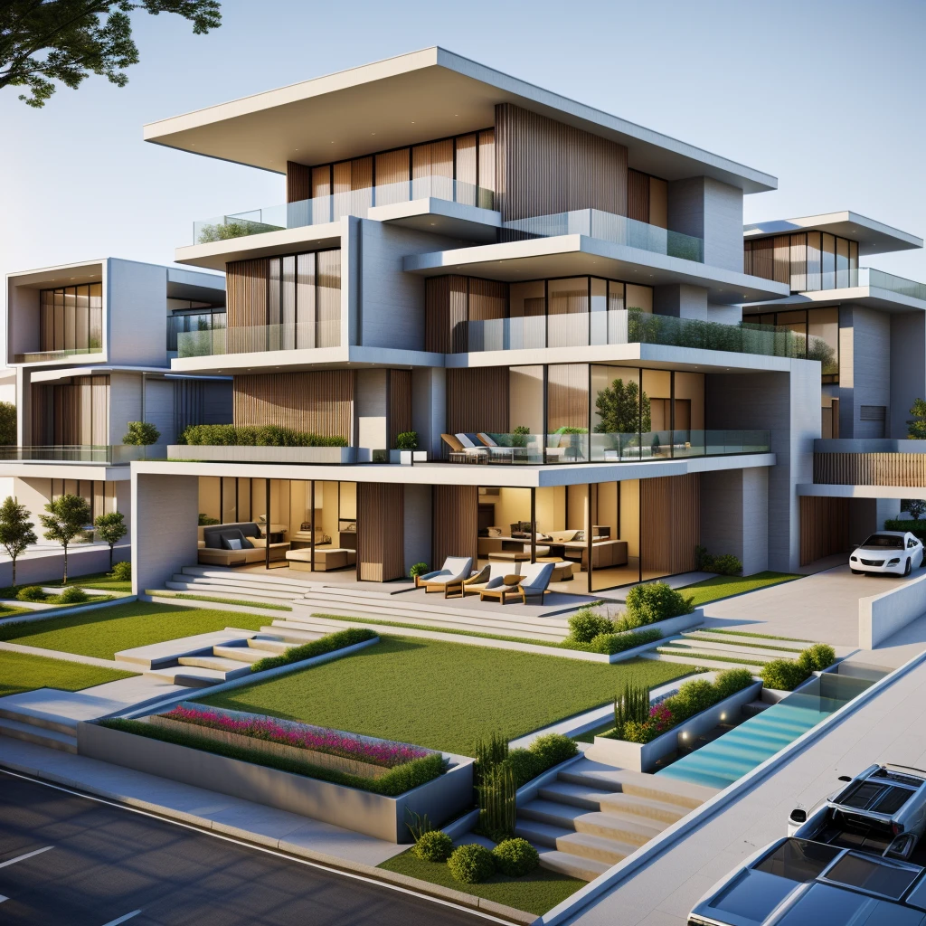 rendering of a modern residential townhouse, professional render, wide angle exterior 2023, highly detailed render, high quality rendering, realistic render, architectural render, high-quality render, detailed rendering, hyper-realistic render, hyper - realistic render, very realistic 3 d render, high render, realistic rendering, very realistic render