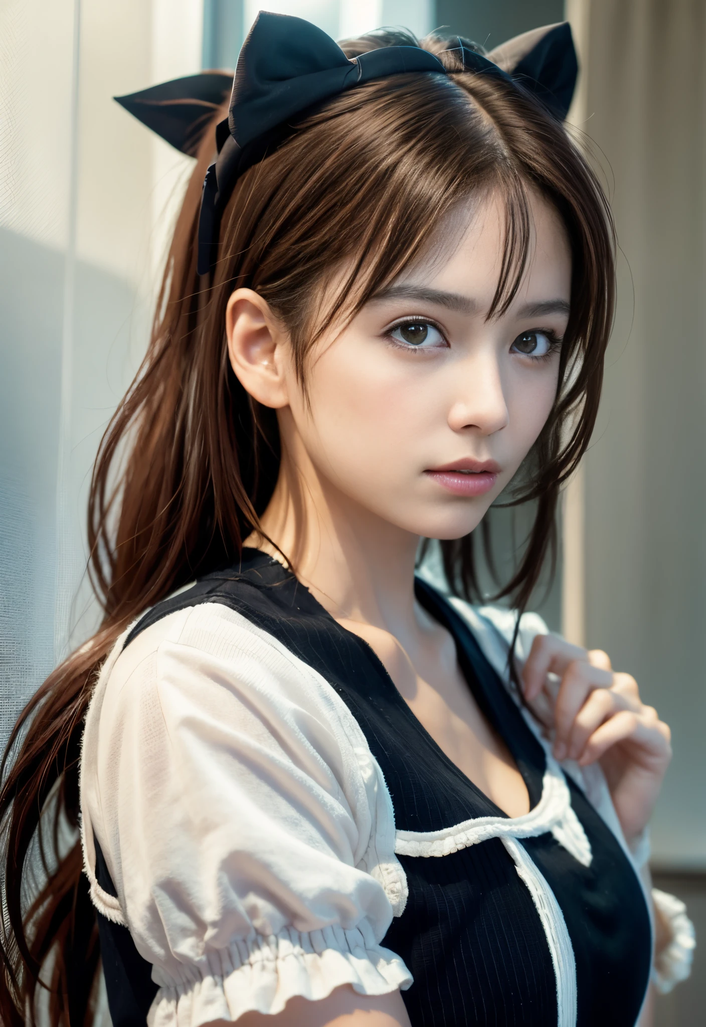 8K, of the highest quality, masutepiece:1.2), (Realistic, Photorealsitic:1.3), of the highest quality, masutepiece, Beautiful young woman, Pensive expression, Thoughtful look, Cute Maid Clothes, Hair tied back, Messy mood, Cinematic background, Tired, Light skin tone