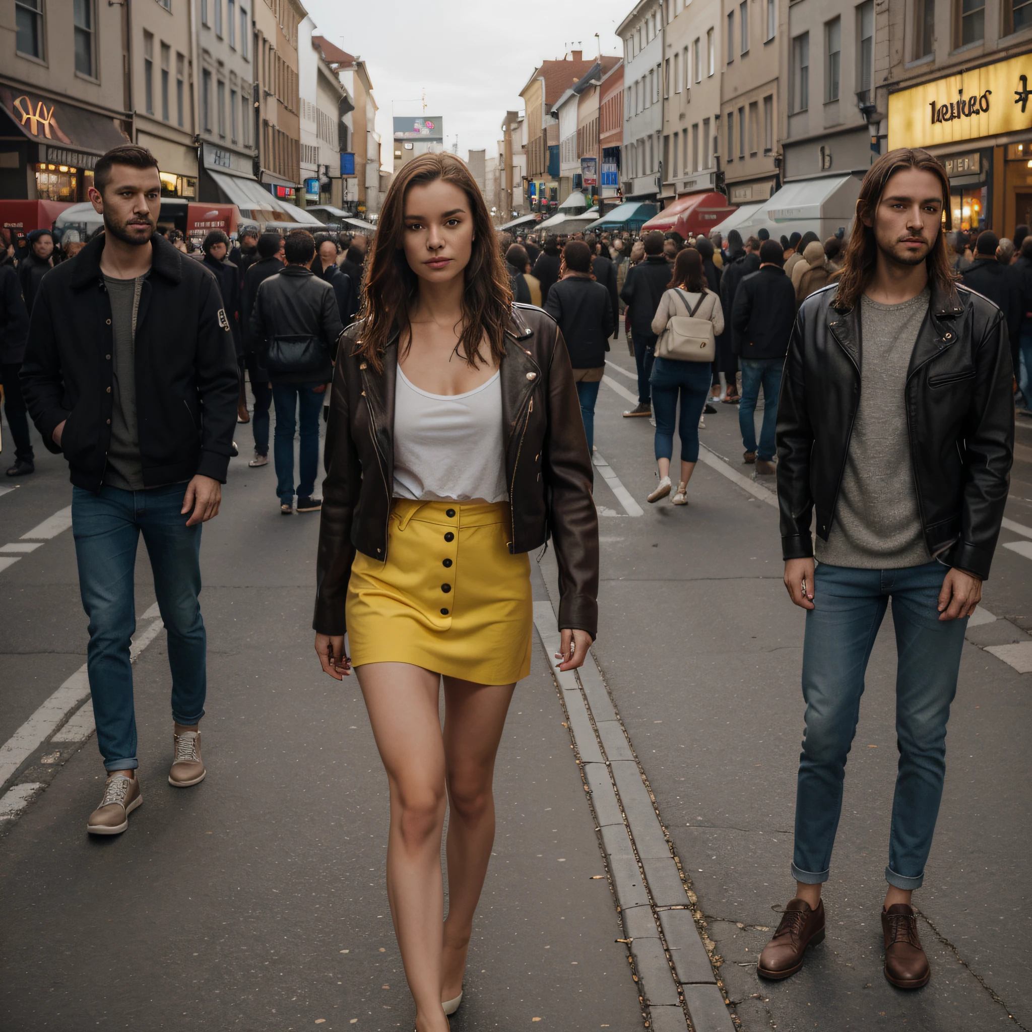 a beautiful woman in a leather jacket and yellow cab standing surrounded by other people, long brown hair,in the style of photorealistic urban scenes, slovenian paintings, straight photography, dazzling cityscapes, close-up shots, wimmelbilder, wavy, ultra detailed, hyper realistic, high resolution, 8k