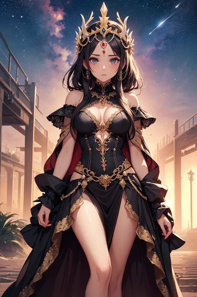 (masterpiece), (best quality), (highly detailed), (intricate details), 1 woman, beautiful goddess, goddess of time, hourglass, sands of time, glittering sand, cosmic, celestial, fantasy, stars, colorful