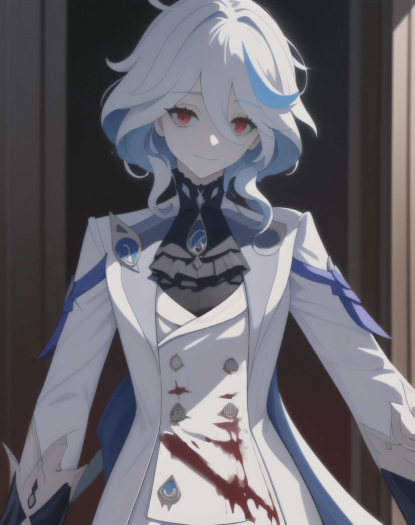 tmasterpiece, Best quality at best, almerodere, Mad eyes, Sick, blue backdrop, Blood-red eyes, partially colored, (messy hair:0.9), face expressionless, (looking-down:1.3), (shaded face:1.2), shadows on eyes, seen from the side,White latex coat,tightsuit, skin tight, latex,White jumpsuit,White jumpsuit, shinning clothes, Shiny, Steaming,tmasterpiece, Best quality, 1 Sister, Forina, genshin impact, White hair, Blue hair,A thin body,Beautiful blood red eyeshadow,white long coat, There are blood stains on the long white coat, Morbid smile, mad smile,face with blood stains