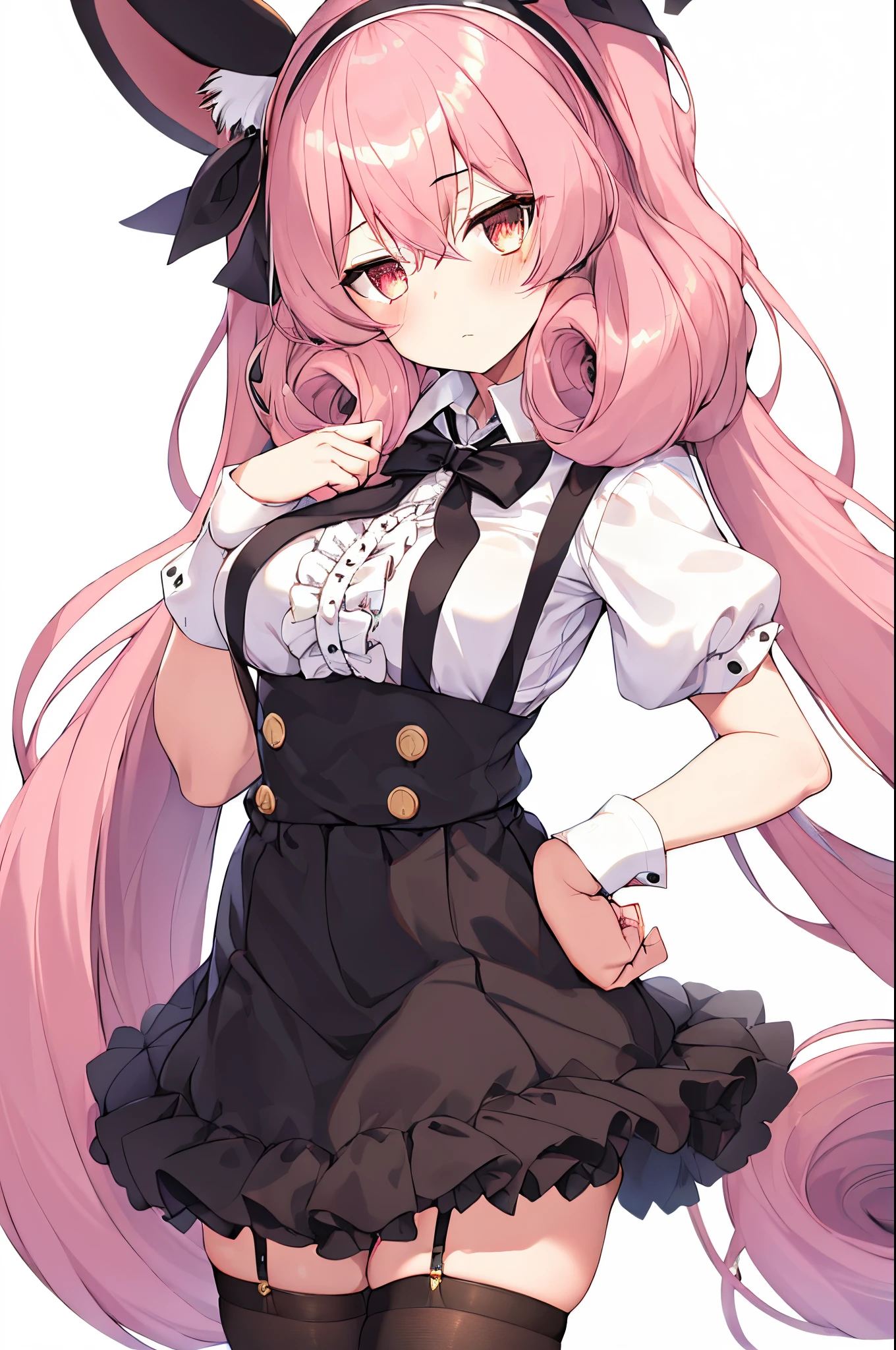 1girl, animal_ears, animal_hands, black_legwear, black_skirt, bow, closed_mouth, frills, hairband, hand_on_hip, looking_at_viewer, paloves,puffy_short_sleeves, puffy_sleeves, shirt, skirt, solo, suspender_skirt, suspenders, tail, very_long_hair, white_background, white_shirt, nnk
very huge breast,lift her dress,lifted by herself,white pants