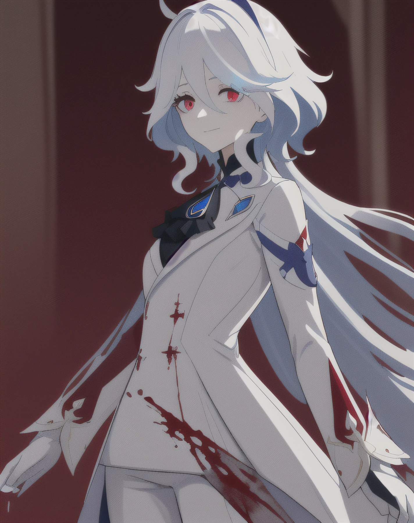 tmasterpiece, Best quality at best, almerodere, Mad eyes, Sick, blue backdrop, Blood-red eyes, partially colored, (messy hair:0.9), face expressionless, (looking-down:1.3), (shaded face:1.2), shadows on eyes, seen from the side,White latex coat,tightsuit, skin tight, latex,White jumpsuit,White jumpsuit, shinning clothes, Shiny, Steaming,tmasterpiece, Best quality, 1 Sister, Forina, genshin impact, White hair, Blue hair,A thin body,Beautiful blood red eyeshadow,white long coat, There are blood stains on the long white coat, Morbid smile, mad smile,face with blood stains, fully body photo, Elaborate Eyes, High color saturation