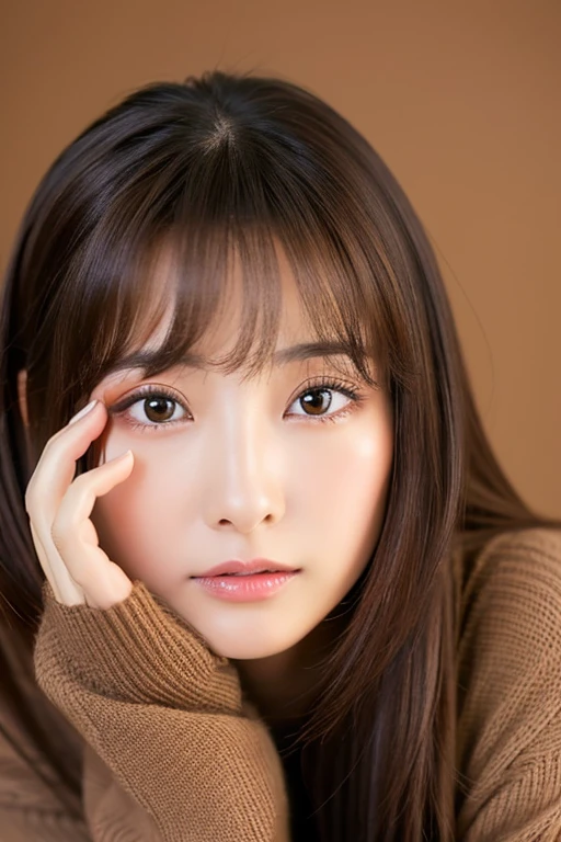 An ultra-high picture quality、Perfect Photo、japanes、（Two beautiful girls）、Background to the 13-year shortage、Brown cardigan、Brown sweater、Photography Studio、With bangs、A dark-haired、stright long hair、Light makeup、press cheek to cheek、serious facial expression、up of face、closing eye、
