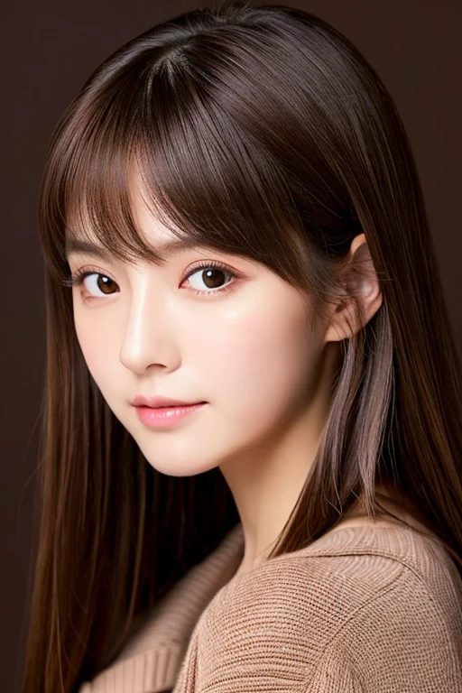An ultra-high picture quality、Perfect Photo、japanes、(Two beautiful girls)、Background to the 13-year shortage、Brown cardigan、Brown sweater、Photography Studio、With bangs、A dark-haired、stright long hair、Light makeup、press cheek to cheek、serious facial expression、up of face、closing eye、