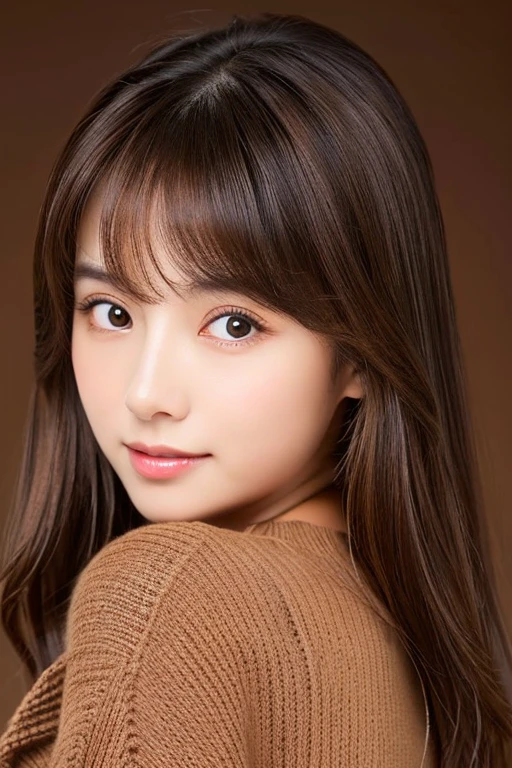 An ultra-high picture quality、Perfect Photo、japanes、（Two beautiful girls）、Background to the -year shortage、Brown cardigan、Brown sweater、Photography Studio、With bangs、A dark-haired、stright long hair、Light makeup、press cheek to cheek、serious facial expression、up of face、closing eye、