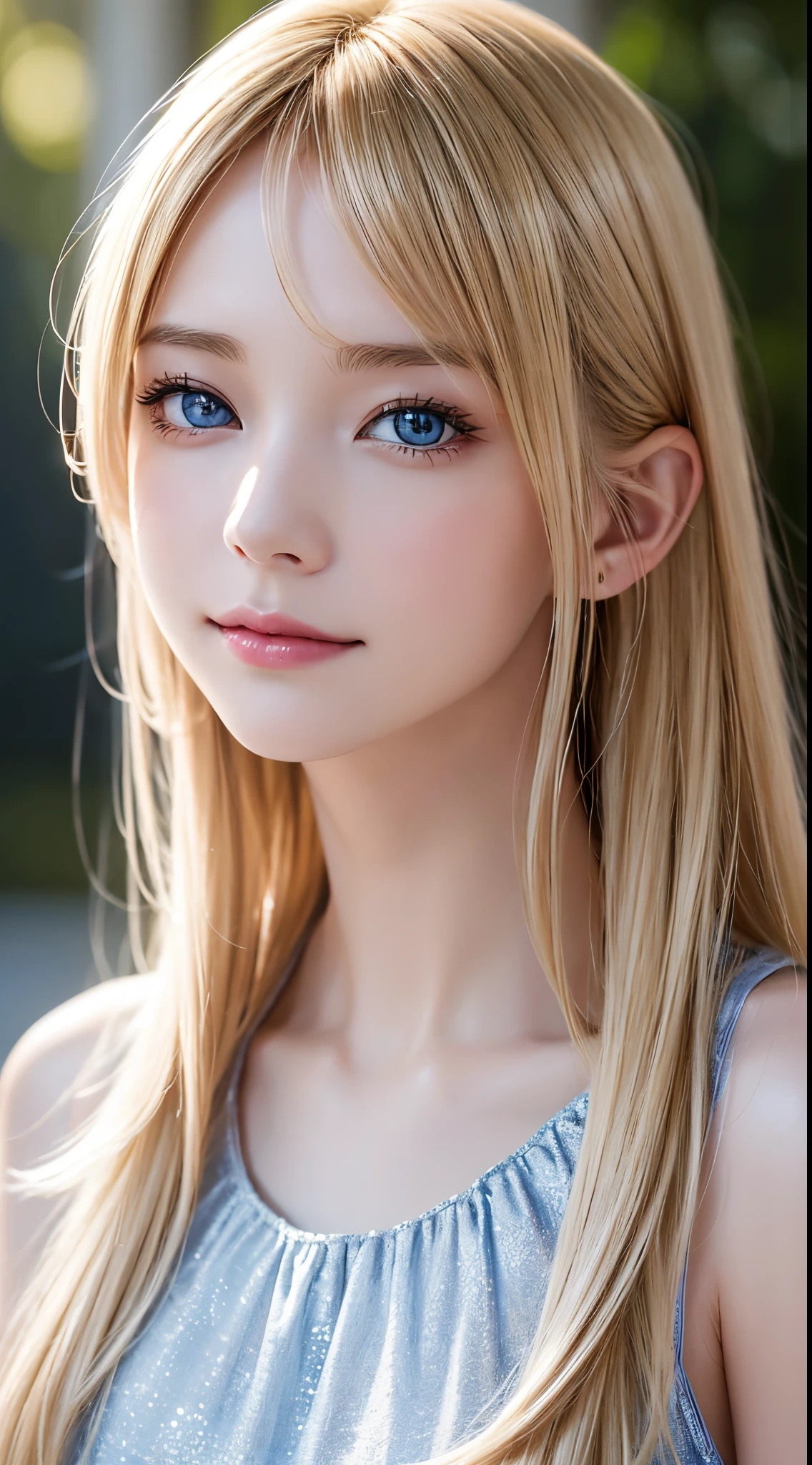 light smile, night, RAW photo, (((portrait of extreme beauty))), (radiant skin)), 1 girl, beautiful girl in Prague, 11 years old, ((natural bright blonde hair)), [blue eyes], shiny glossy skin, silky long straight hair, eyeliner, long bangs, hair between eyes, fluttering hair, ((masterpiece, top quality, ultra detail, film light, complex details, High Resolution, 8K, Very Detailed)), Detailed Background, 8K UHD, DSLR, Soft Light, High Quality, Film Grain, Fujifilm XT3, Shallow Depth of Field, Natural Light, (No Hand), Upper Eye, Sap Eyes,
