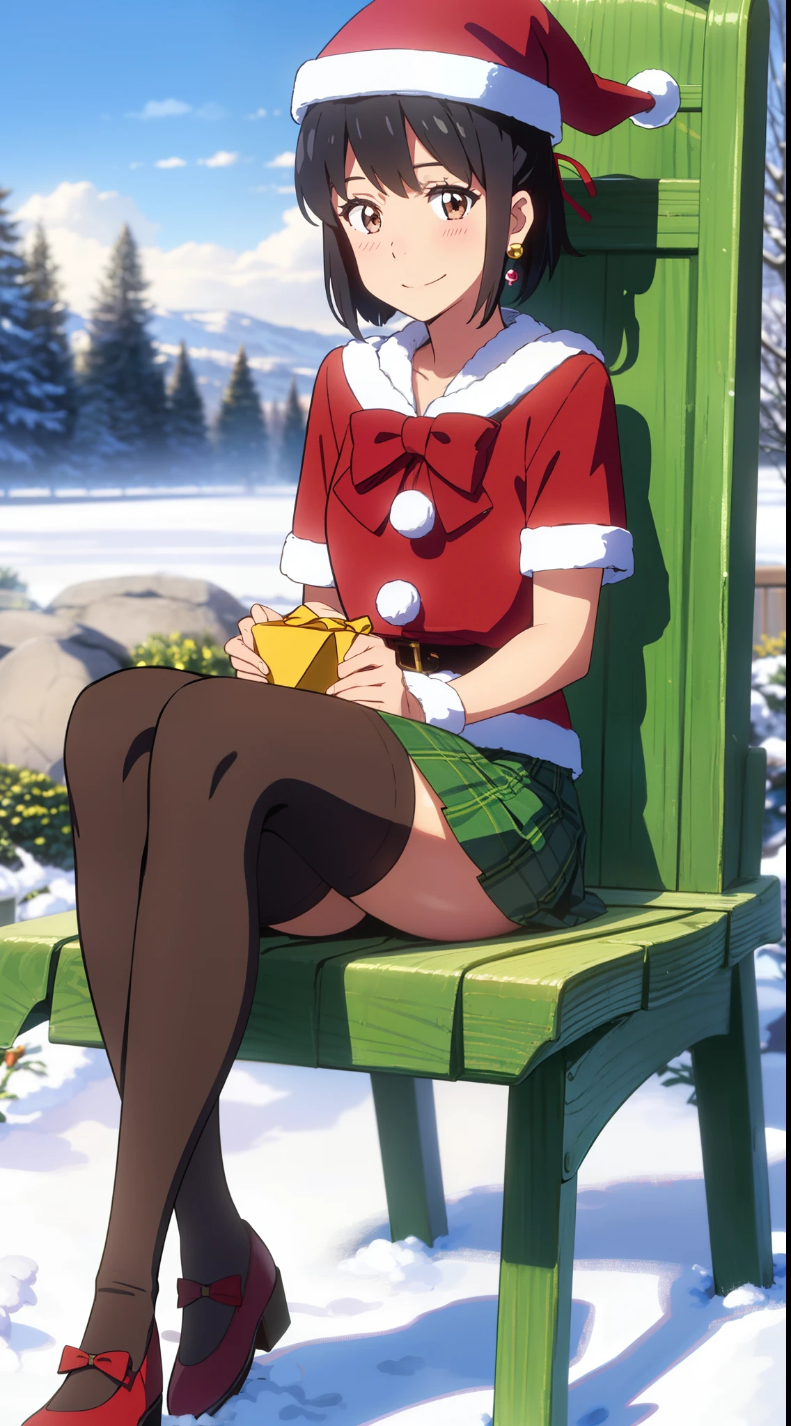 shinkai makoto, kimi no na wa., 1girl, bangs, black hair, blush, bright eyes, brown eyes, bow, red bow, ribbon, red ribbon, short hair, medium breats, solo, perfect hands perfect anatomy, sweet face, day, outdoors, winter scenery, snow, steam, cloud, Against the background of winter scenery, Santa Claus costume, Christmas uniform, Christmas shirt, red Christmas shirt, skirt, plaid skirt, green plaid skirt, short sleeves, candy cane stockings, jingle bell earrings, Santa Claus hat, smile, happy, sitting on the bench