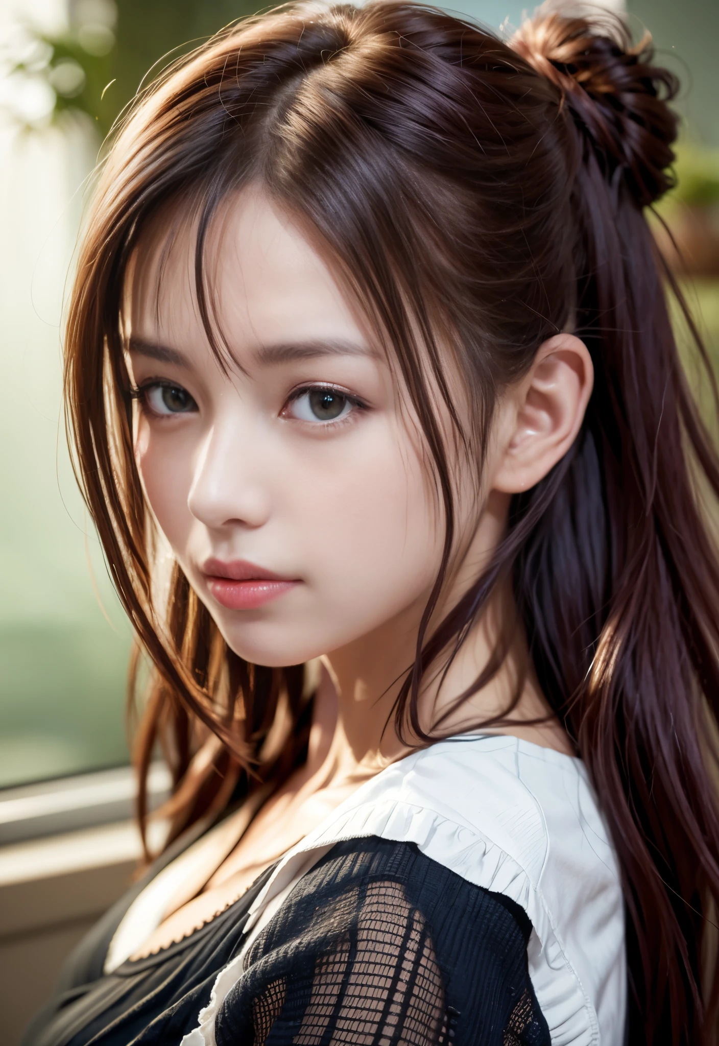 8K, of the highest quality, masutepiece:1.2), (Realistic, Photorealsitic:1.3), of the highest quality, masutepiece, Beautiful young woman, Pensive expression, Thoughtful look, Cute Maid Clothes, Hair tied back, Messy mood, Cinematic background, Tired, Light skin tone