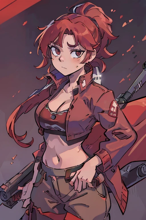 (a)redhaired woman,(a)open long coat,(a)cowboy hat,(a)rifle slung over her back,(a)katana on her hip,(best quality,4k,8k,highres,masterpiece:1.2),ultra-detailed,physically-based rendering,(ivid colors,portrait,red color tone,studio lighting, short pants, show midriff, pronounced cleavage