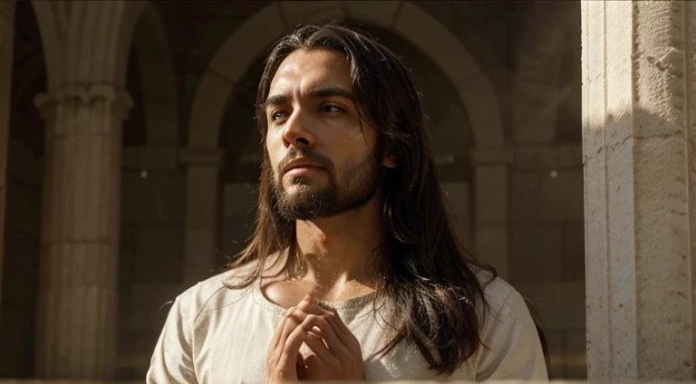 Por favor, crie uma imagem realista e respeitosa de Jesus Cristo em um ambiente sereno, iluminado por uma luz divina suave. Highlight facial expressions that radiate compassion, sabedoria e amor. Pay attention to detail, como cabelos, barba e olhos, para transmitir autenticidade e serenidade. The setting should reflect a spiritual and peaceful context, suggesting the divine presence. Prioritize creating a respectful and moving representation of Jesus Christ."