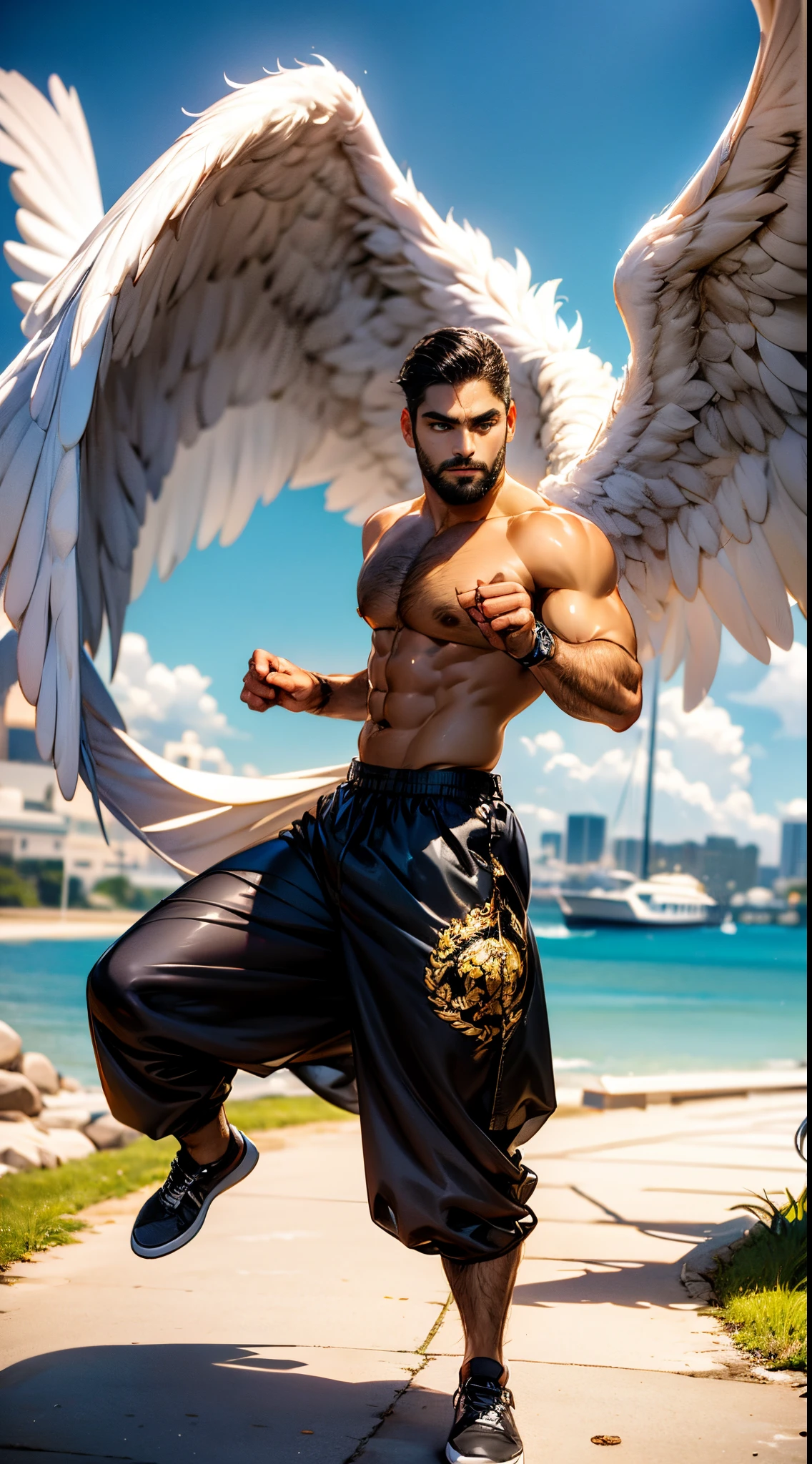 (best quality,ultra-detailed,realistic:1.37), Daegan Tronos Character(1), handsome, dark skin, dark-tanned, perfect wings angel, symmetrical wings,blue eyes,small beard, medium-long haircut,casual outfit, urban sports clothing, man stance, attractive,vibrant colors, modern cool outfit, fight punch pose.