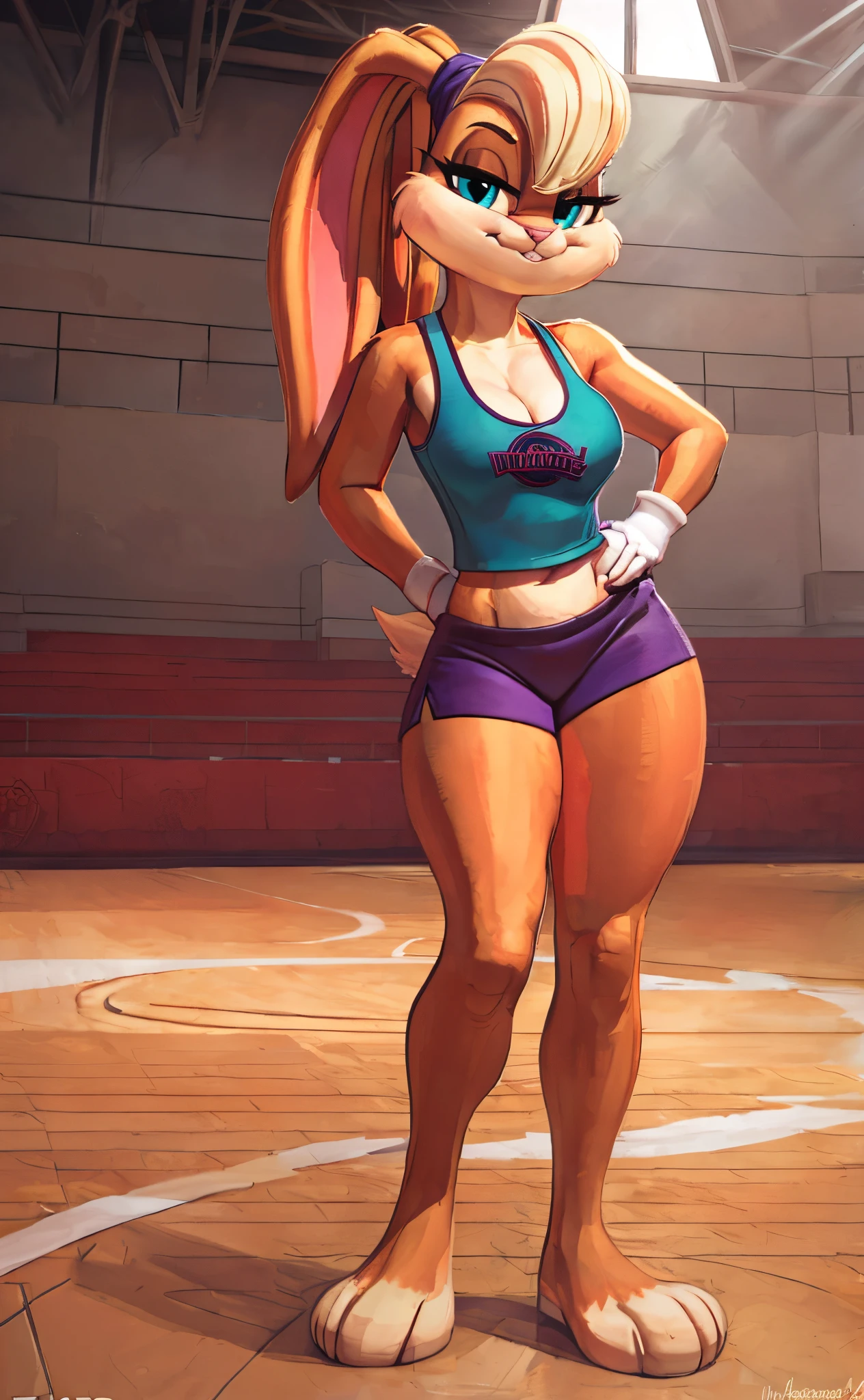 [lola bunny], [Uploaded to e621.net; (Pixelsketcher), (wamudraws)], ((masterpiece)), ((high res)), ((HD)), ((solo portrait)), ((full body)), ((front view)), ((furry; anthro)), ((detailed fur)), ((detailed shading)), ((beautiful render art)), ((intricate details)), {anthro rabbit; (slim figure), (beige fur), pink nose, (cute blue eyes), (long eyelashes), short blonde hair, (blonde bang), (ears in ponytail), (fluffy tail), (small boobs), (curvy hips), (thick thighs), (beautiful legs), (beautiful feet), (smug smirk)}, {(teal tank top), (cleavage), (midriff), (purple short shorts)}, {(standing), (hand on hip), (looking at viewer)}, [background; (park), (basketball court), (outdoors), (blue sky), (sun rays)]