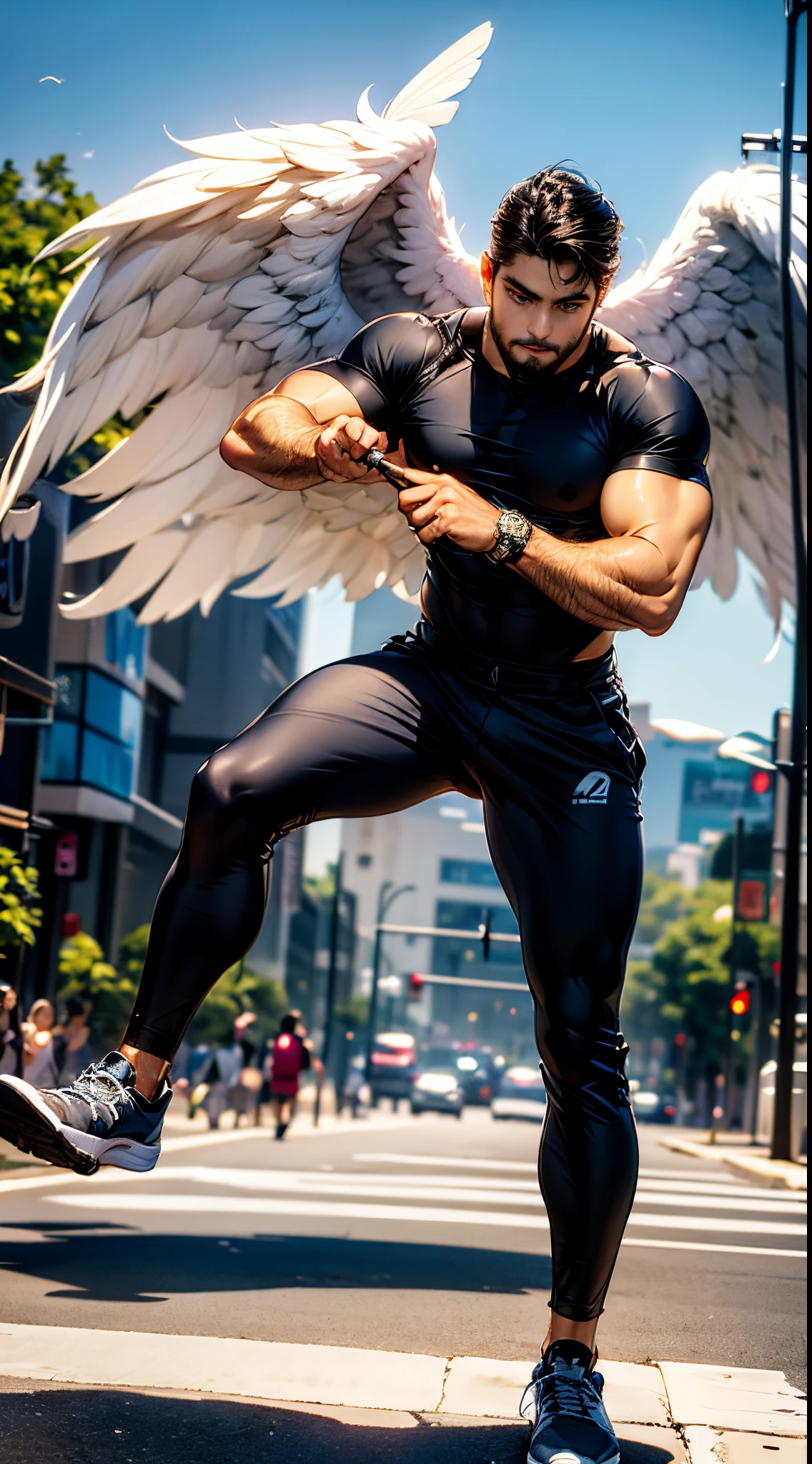 (best quality,ultra-detailed,realistic:1.37), Daegan Tronos Character(1), handsome, dark skin, dark-tanned, perfect wings angel, symmetrical wings,blue eyes,small beard, medium-long haircut,casual outfit, urban sports clothing, man stance, attractive,vibrant colors, modern cool outfit, fight punch pose.