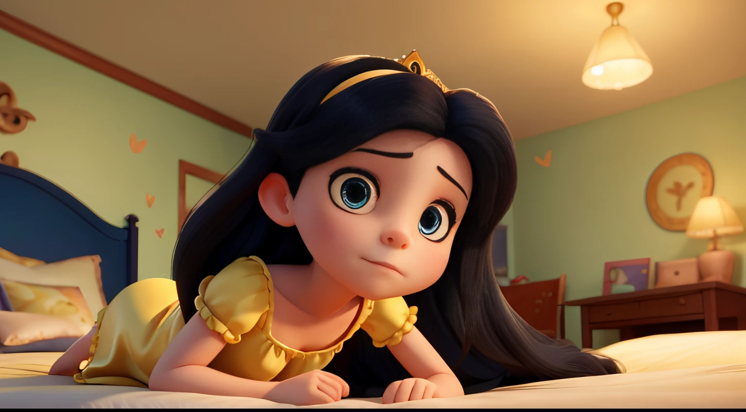 At nights, The good princess has long black hair, blue eyes, fair skin. She wears a yellow dress. The princess lying on the bed with a sad expression, her face downcast, her gaze towards the ceiling. The princess on her deathbed, The princess lies lifeless on the bed, her arms hanging limply downward.