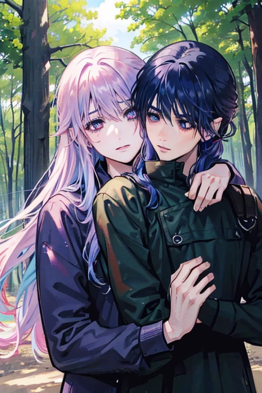 A pink haired man with violet eyes with long hair is kissing a blue haired man with silver eyes in the forest.