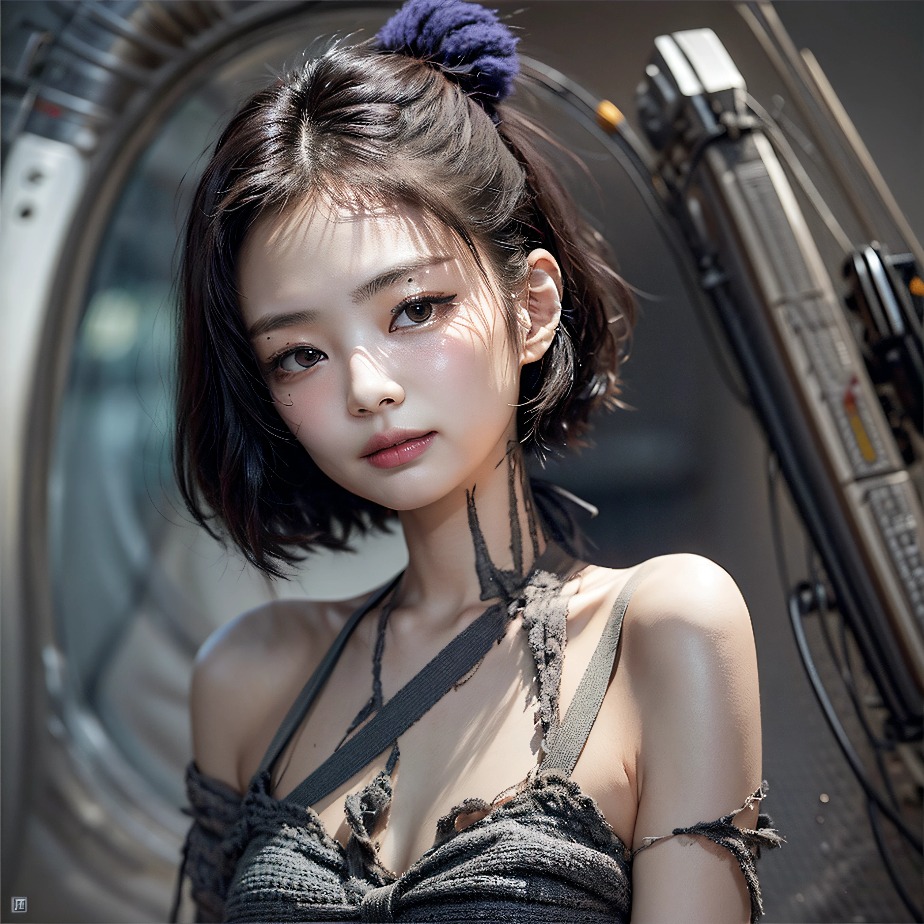 corpse, sinister, female, thin, pale, looking at the camera, ultra realistic, fully detailed, cemetery environment, bright eyes, white dress torn and stained with blood, bones exposed, putrid wounds, , terrifying, bruised by the body, exposed fracture in the collarbone, slight smile, super detailed, black short hair, blood and wounds, stab wounds on body, dirty clothes, Jennie Kim,