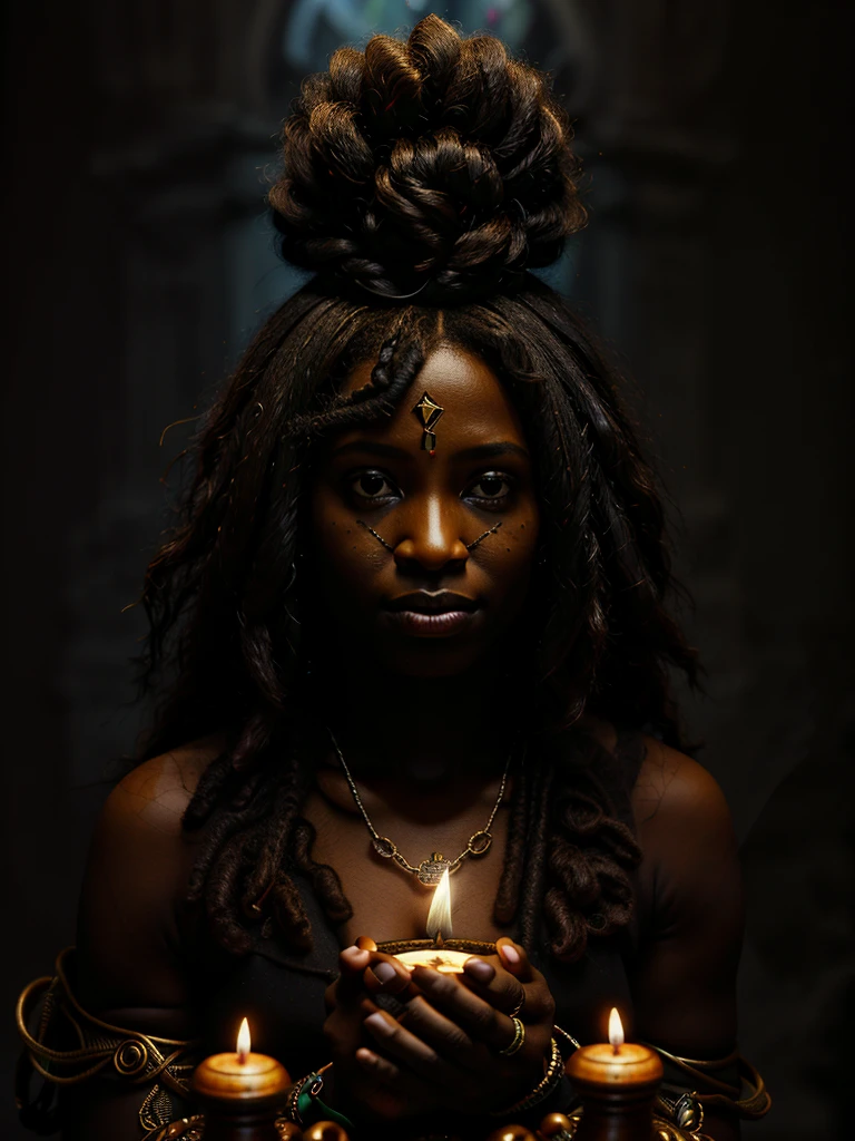 Um poderoso feiticeiro negro africano, realizando ritos de macumba magia negra, uma atmosfera tenebrosa.