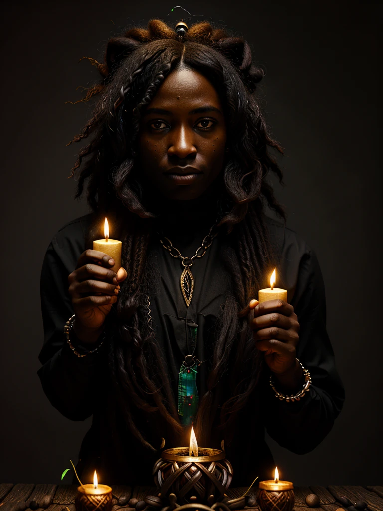 Um poderoso feiticeiro negro africano, realizando ritos de macumba magia negra
