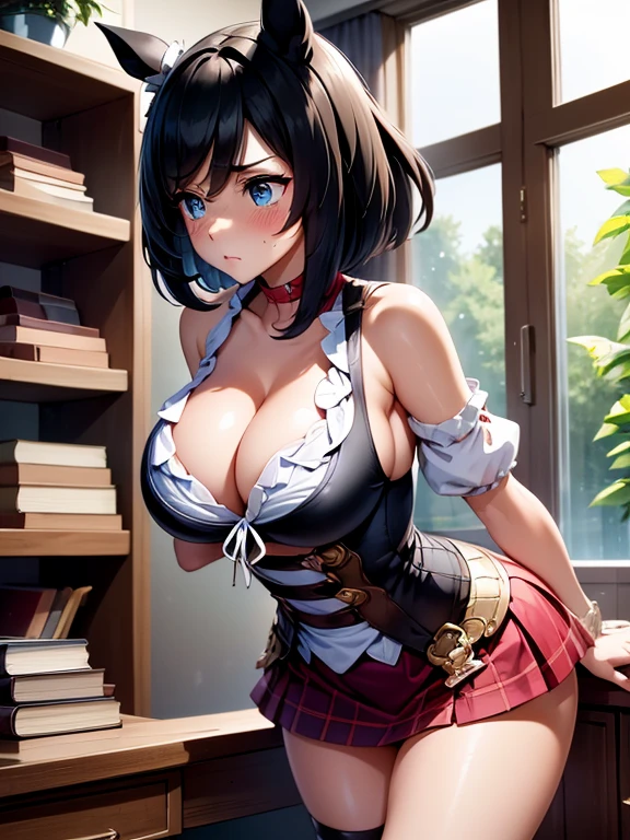 1 girl,Lori,Petite,huge-breasted,pointed breast,cleavage,underboob,sideboob barbosa,(blush),((embarrassed)),((Scared))(Best Quality,Ultra HD,ultra-detailliert,Bare shoulders,gently,See 4 books as 1 book,JK Miniskirt,Ultra thin light transmittance 1.2 times,Optimal ultra-thin light transmittance,fully body photo)
