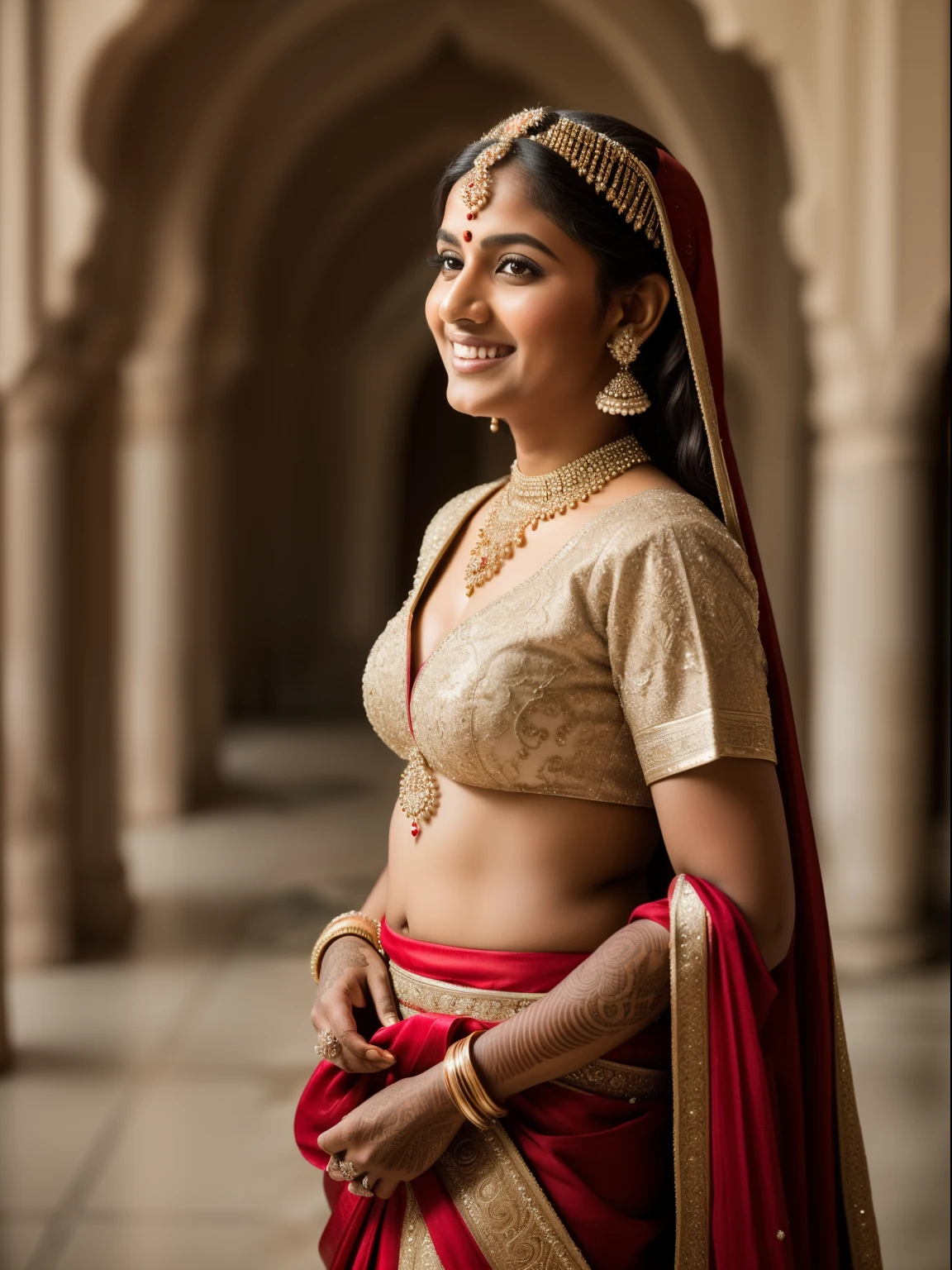 Indian Girl, bride, Side view, ankle-length skirt, garland in hand, broad teasing smile, looking up (((Schleier))), im orientalischen Palast, kleines Diadem, Schmuck, (Meisterwerk:1.2) (((RAW-Foto))) (bokeh) (best qulaity) (komplizierte Details) (8K) (HDR) (analoger film) (Canon D5) (scharfer Fokus)