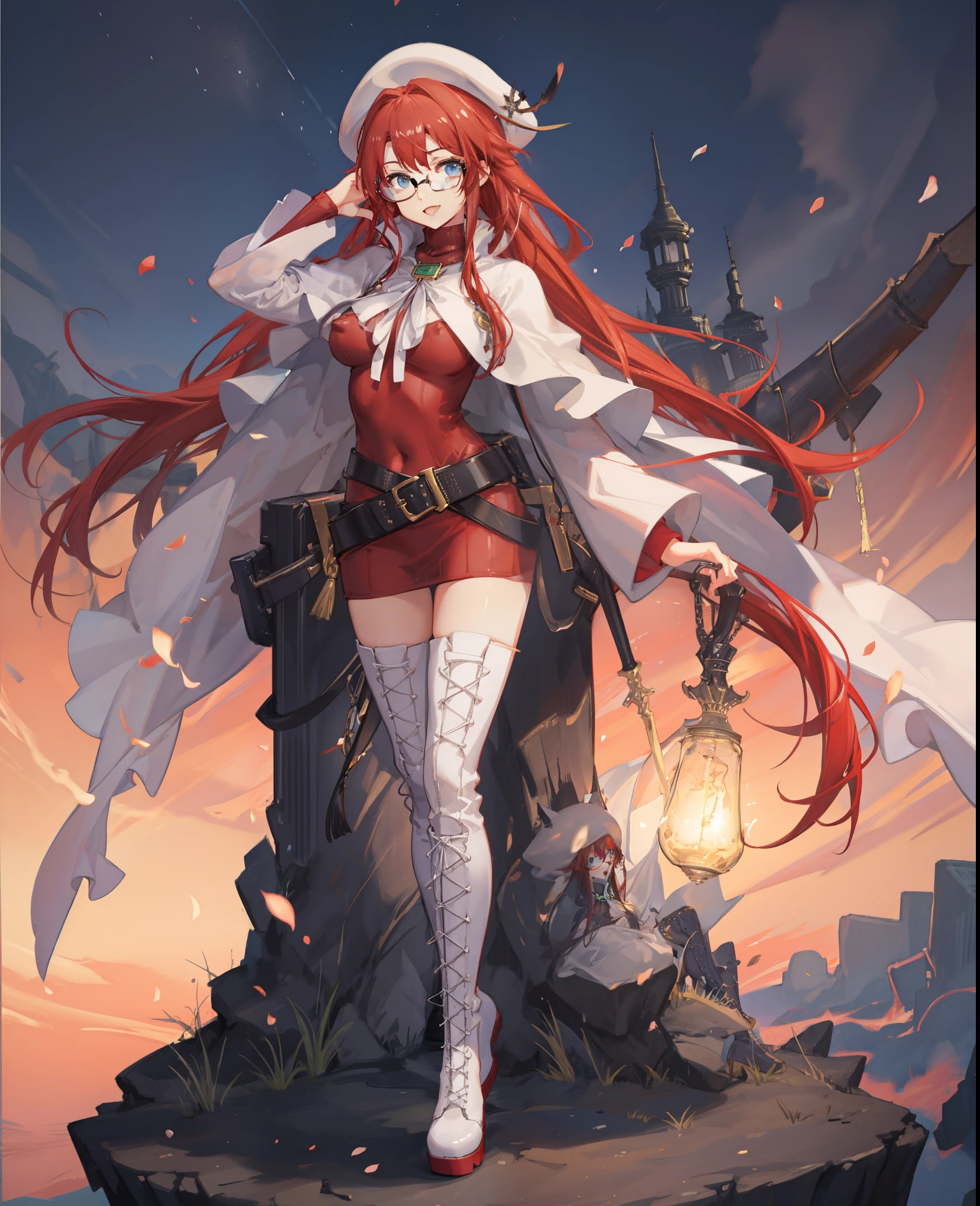 summonnightaty, aty, long hair, blue eyes, red hair, beret, hat, glasses,
BREAK long hair, thighhighs, hat, dress, boots, glasses, belt, cape, sweater, zettai ryouiki, beret, thigh boots, white footwear, ribbed sweater, loose belt,,
BREAK outdoors, fantasy_town,
BREAK (masterpiece:1.2), best quality, high resolution, unity 8k wallpaper, (illustration:0.8), (beautiful detailed eyes:1.6), extremely detailed face, perfect lighting, extremely detailed CG, (perfect hands, perfect anatomy),(covered_nipples:1.3),covered_navel,light_smile,dynamic_posing,(half_eyes:1.2),light_open_mouth,sword,