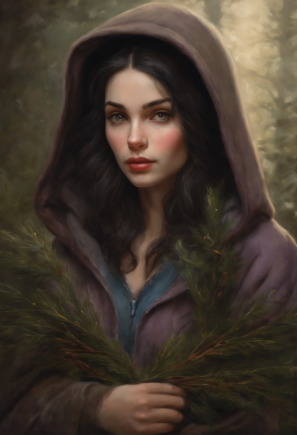 真实感, a painting, Fantasy fairy tale, Christmas style, John Tolkien style, Small painting by Jean-Baptiste Monge, Portrait of a rocker girl with black straight hair, cascading from under the hood, with soft features, Soft features of a rocker girl, With light makeup, dark pink lips, lip shape thin lips,"curved eyebrows in the shape of Engriberts, blue eyes, heavy-lidded eye shape, in a knitted hood, black straight hair sticks out from under a knitted hood, sitting, Cross-legged, in a large soft chair cross-legged near the Christmas tree, the fireplace is burning in the background, Wearing trousers, In a knitted lilac-blue sweater with a hood., Human Hand, Very clear without flaws with five fingers, mischievous character, Christmas tree, Gifts, Jean-Baptiste Monge, anthropomorphic --ar 2:3 --testp -optimistic;
