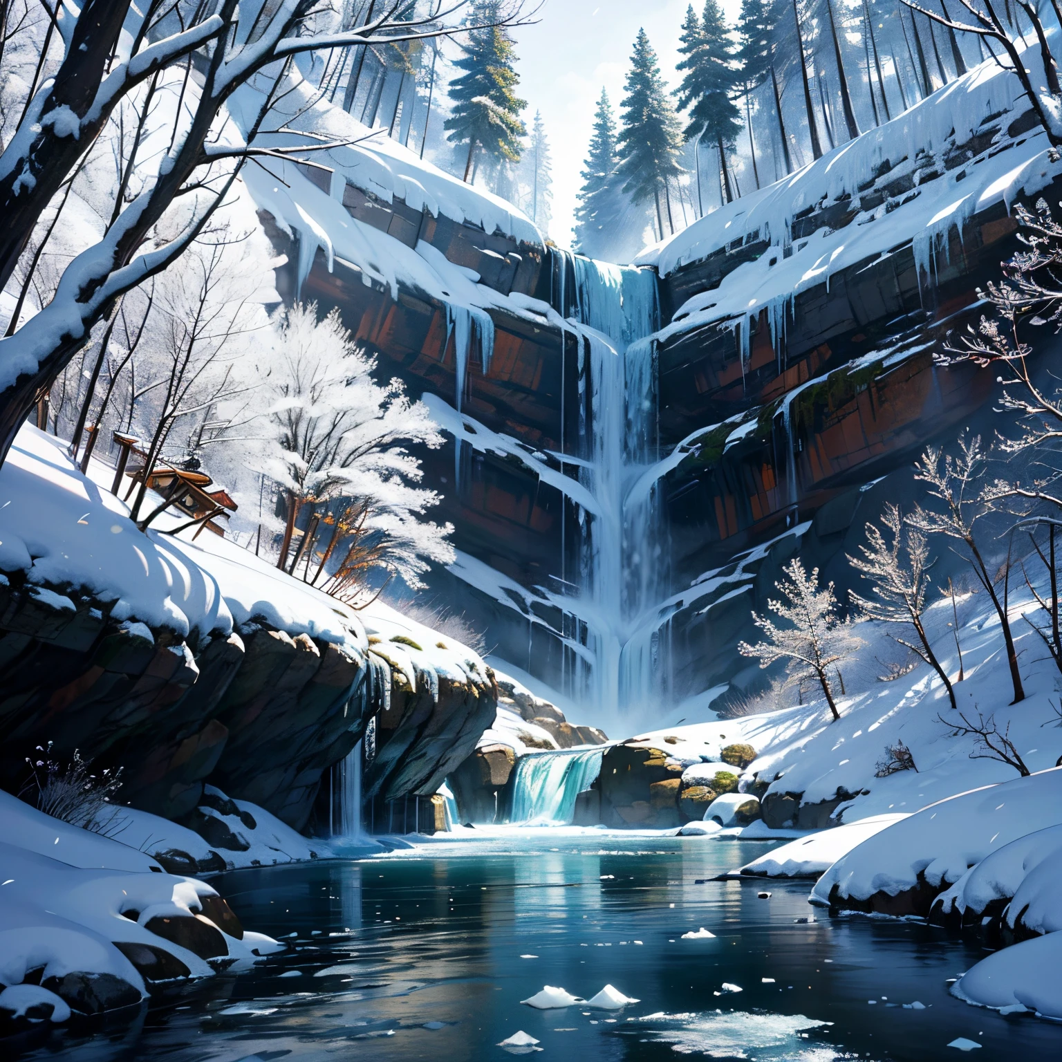 Best Quality、masutepiece、8K、Torii above the waterfall、（(falls、icy、Frozen waterfall、ln the forest)）、yuki、Winters