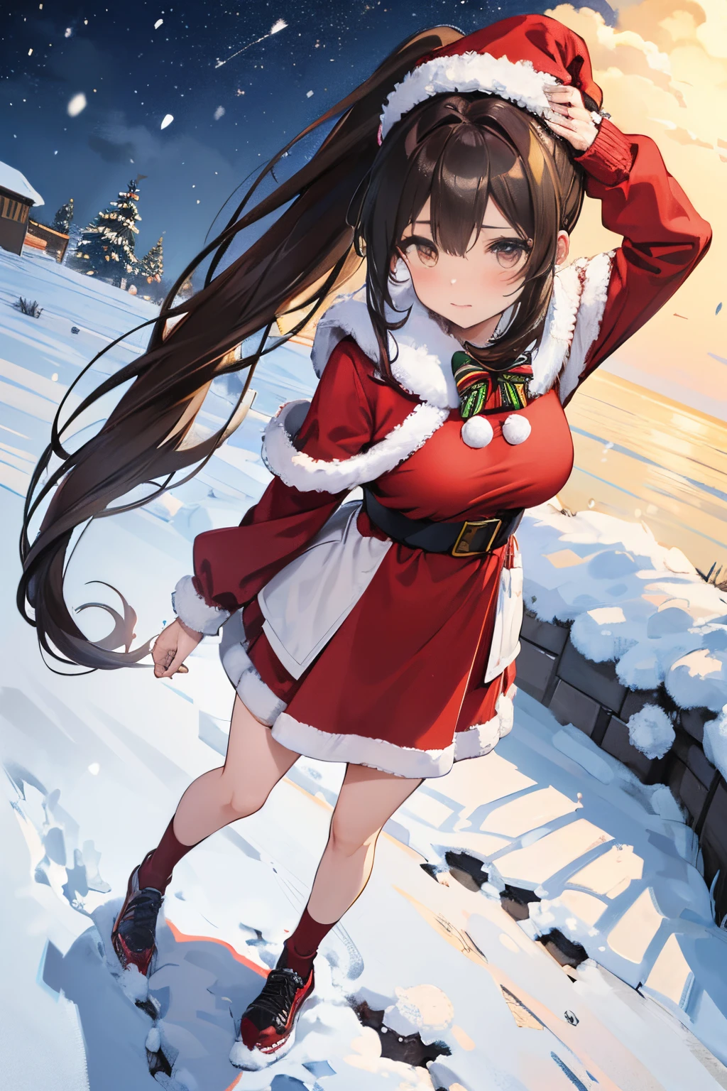 "anime girl, 1 person, dark brown hair, ponytail, ponytail, tied hair, brown eyes, socks, santa hat, santa outfit, santa outfit, winter outfit, ?????  unique, red dress, big breasts, blushing, full body, snowfall, christmas gift box, christmas, solo, front view, (full HD 4K+ image)"