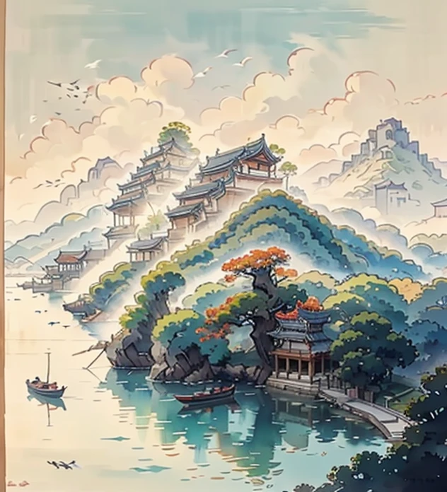 （Depth of field effect，）Ancient Chinese buildings on an isolated island，kiosk，Bamboo miscellaneous tree，​​clouds，green trees，Orange trees, chinese watercolor style, chinese painting style, Chinese landscape, traditional Chinese watercolor painting, chinese paintings, High detail watercolor 8K, highly detailed water colour 8 k, Reflection on the Seine，click a little，The boundaries between light and shadow are clear，light and shadows，light and shadow effect，The background  blurred out