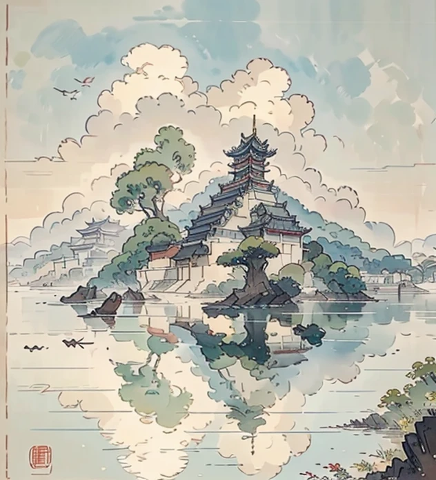 (Depth of field effect,)Ancient Chinese buildings on an isolated island,kiosk,Bamboo miscellaneous tree,clouds,green trees,Orange trees, chinese watercolor style, chinese painting style, Chinese landscape, traditional Chinese watercolor painting, chinese paintings, High detail watercolor 8K, highly detailed water colour 8 k, Reflection on the Seine,click a little,The boundaries between light and shadow are clear,light and shadows,light and shadow effect,The background blurred out