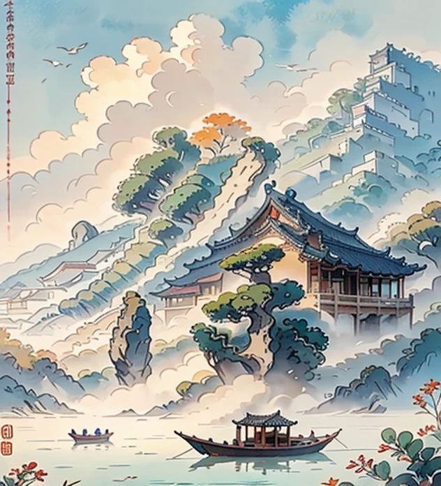 (Depth of field effect,)Ancient Chinese buildings on an isolated island,kiosk,Bamboo miscellaneous tree,clouds,green trees,Orange trees, chinese watercolor style, chinese painting style, Chinese landscape, traditional Chinese watercolor painting, chinese paintings, High detail watercolor 8K, highly detailed water colour 8 k, Reflection on the Seine,click a little,The boundaries between light and shadow are clear,light and shadows,light and shadow effect,The background blurred out