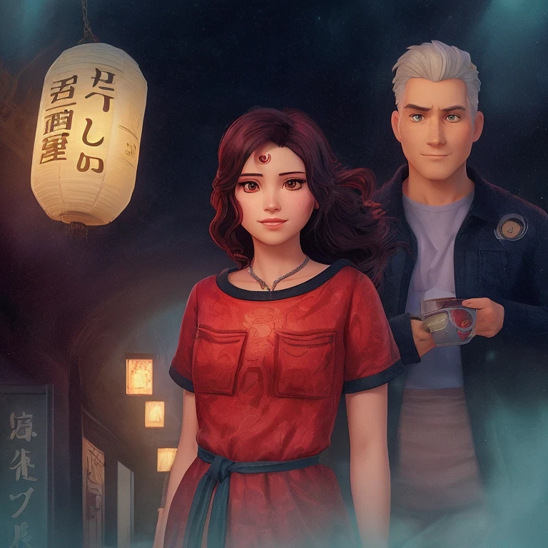 anime scene of a man and woman standing in front of a Chinese lantern with hieroglyphs, charlie bowater and tom bagshaw, rob rey and kentarõ miura style, stylized fantasy artwork, ayami kojima and greg rutkowski, ghibli tom bagshaw, rob rey and kentarõ miura, cover game art, promotional art