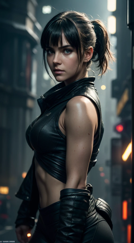 Beautiful hyperrealistic photograph of a blade runner girl, wearing blade runner clothes, fringe cut bangs hairstyle, cluttered Blade Runner background, dynamic pose, concept art, By Brian Froud and Carne Griffiths and Wadim Kashin and John William Waterhouse, intricate detail, 8k post-production, High resolution, super Detail, trending on ArtStation, sharp focus, studio photos, intricate detail, depth of field, f/2.8, cinematic illumination, dark shadows.