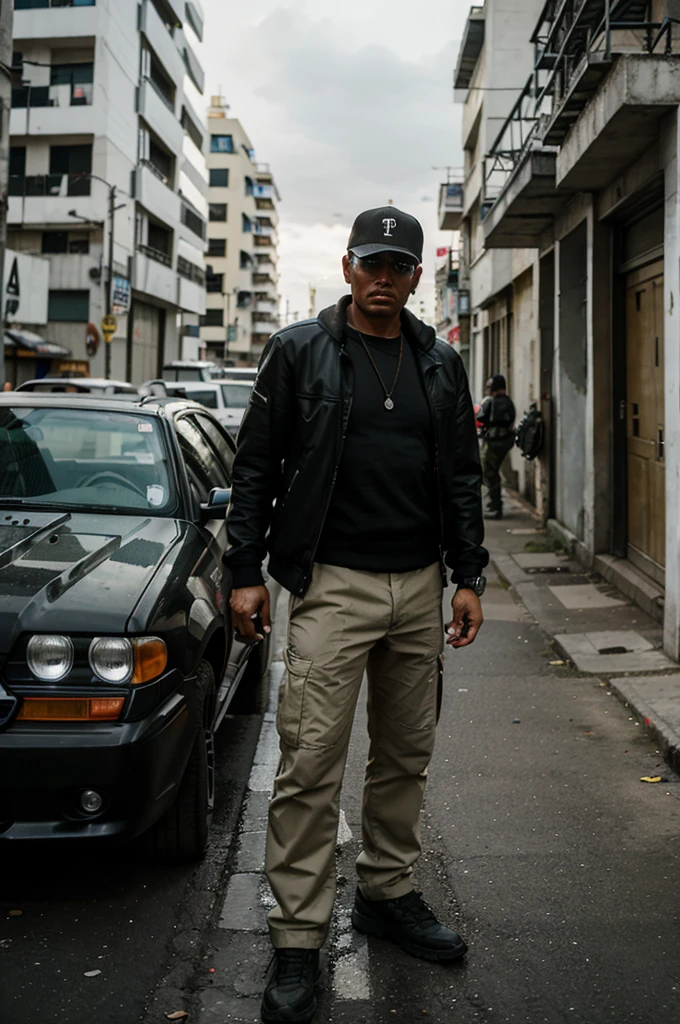 Airsoft player in the style of Grand Theft Auto from Colombia, looking like a gangsta, standing behind a car in a city, let the background be like Colombia
