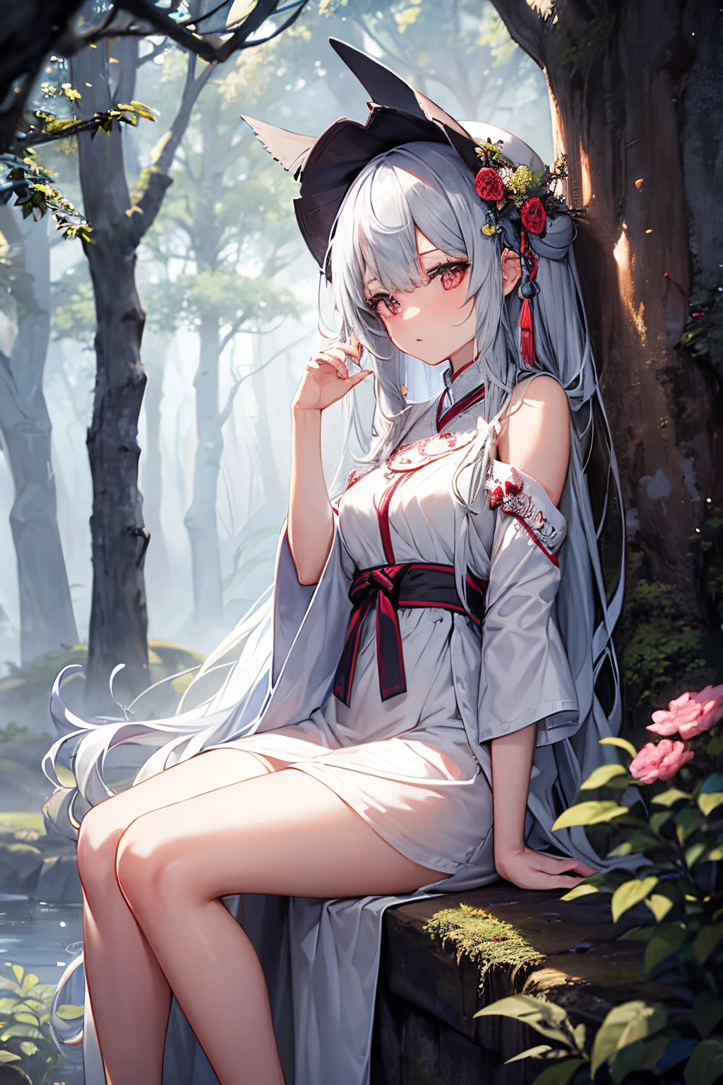 There's a girl in the foggy forest. She is a tree々walking gracefully between, With a sense of mystery surrounding her. The fog is thick and covers the ground, creating an ethereal atmosphere. There are many tall trees in the forest, ancient tree, their branch...