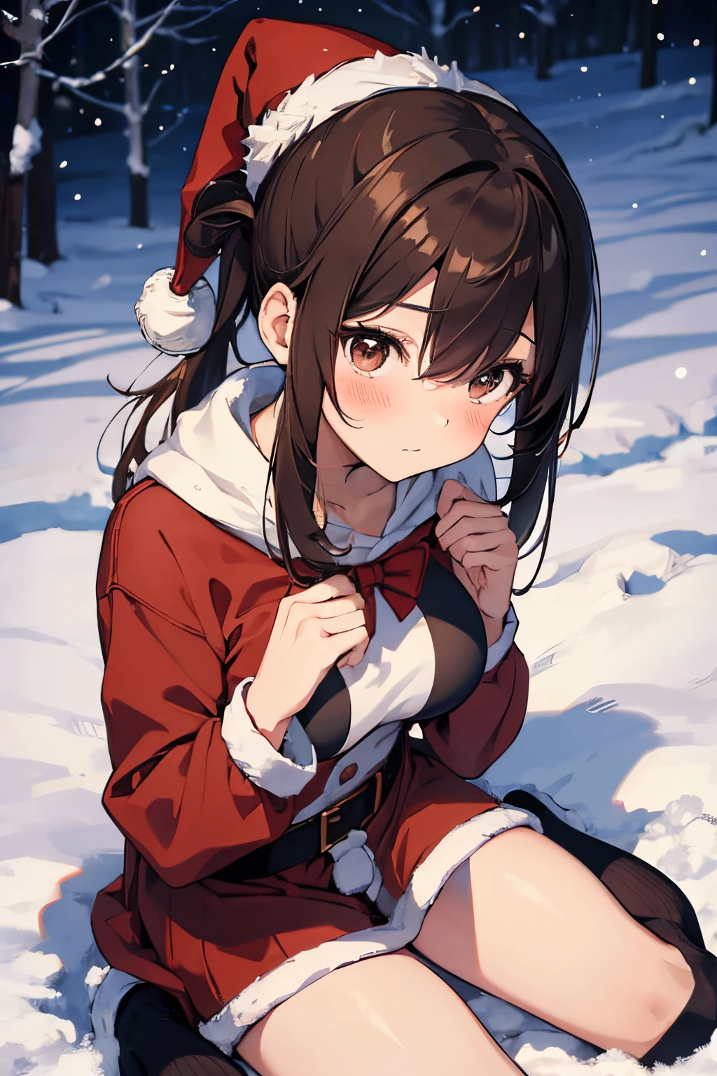 "anime girl, 1 person, dark brown hair, ponytail, ponytail, tied hair, brown eyes, socks, santa hat, santa outfit, santa outfit, winter outfit, red dress, big breasts, blushing, full body, snowfall, christmas gift box, christmas, solo, front view, (full HD 4K+ image)"