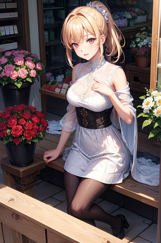 Extremely delicate and beautiful, amazing, finely detail, masutepiece, Ultra-detailed, hight resolution,Best Illustration, Best Shadow,Convoluted,Sharp Focus,  High quality, 1womanl, Solo, a blond. Red Eyes, Kave Genshin Impact, Flower Shop Front, Flowers in pots, Flowers for Sale