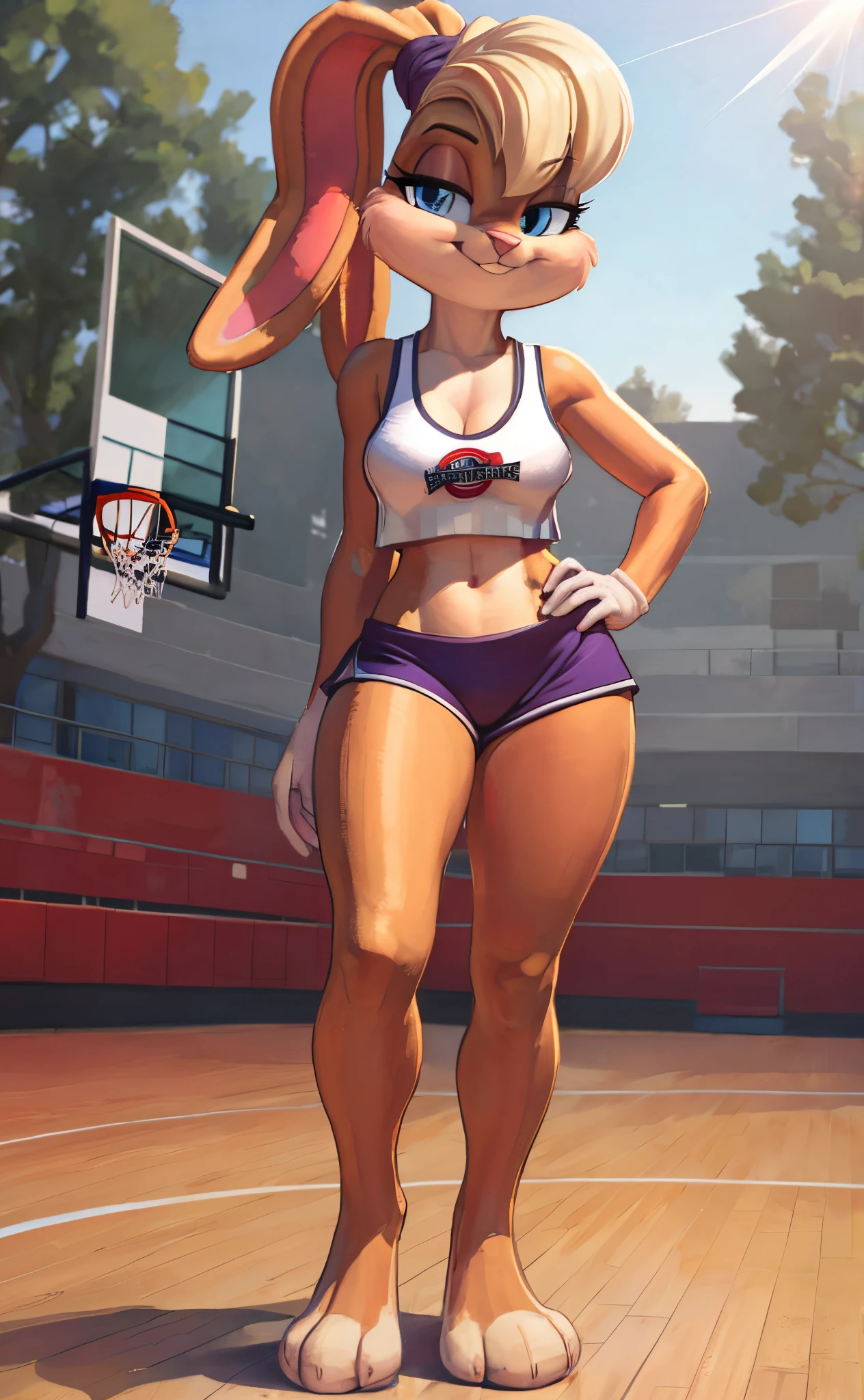 [lola bunny], [Uploaded to e621.net; (Pixelsketcher), (wamudraws)], ((masterpiece)), ((high res)), ((HD)), ((solo portrait)), ((full body)), ((front view)), ((furry; anthro)), ((detailed fur)), ((detailed shading)), ((beautiful render art)), ((intricate details)), {anthro rabbit; (slim figure), (beige fur), pink nose, (cute blue eyes), (long eyelashes), short blonde hair, (blonde bang), (ears in ponytail), (fluffy tail), (small boobs), (curvy hips), (thick thighs), (beautiful legs), (beautiful feet), (smug smirk)}, {(white tank top), (cleavage), (midriff), (purple short shorts)}, {(standing), (hand on hip), (looking at viewer)}, [background; (park), (basketball court), (outdoors), (blue sky), (sun rays)]