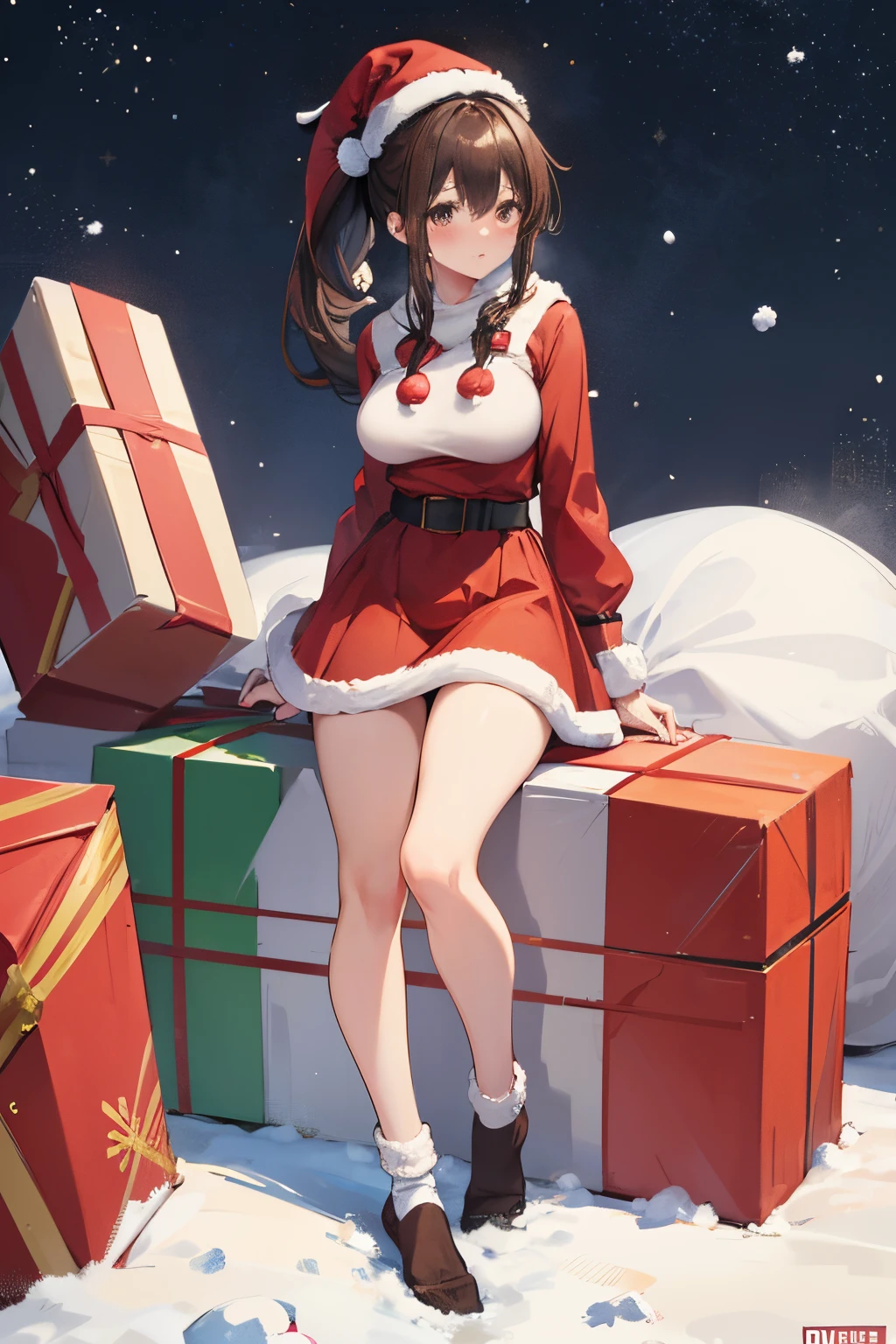 "anime girl, 1 person, dark brown hair, ponytail, ponytail, tied hair, brown eyes, socks, santa hat, santa outfit, santa outfit, winter outfit, red dress, , blushing, full body, snowfall, christmas gift box, christmas, solo, front view, (full HD 4K+ image)"
