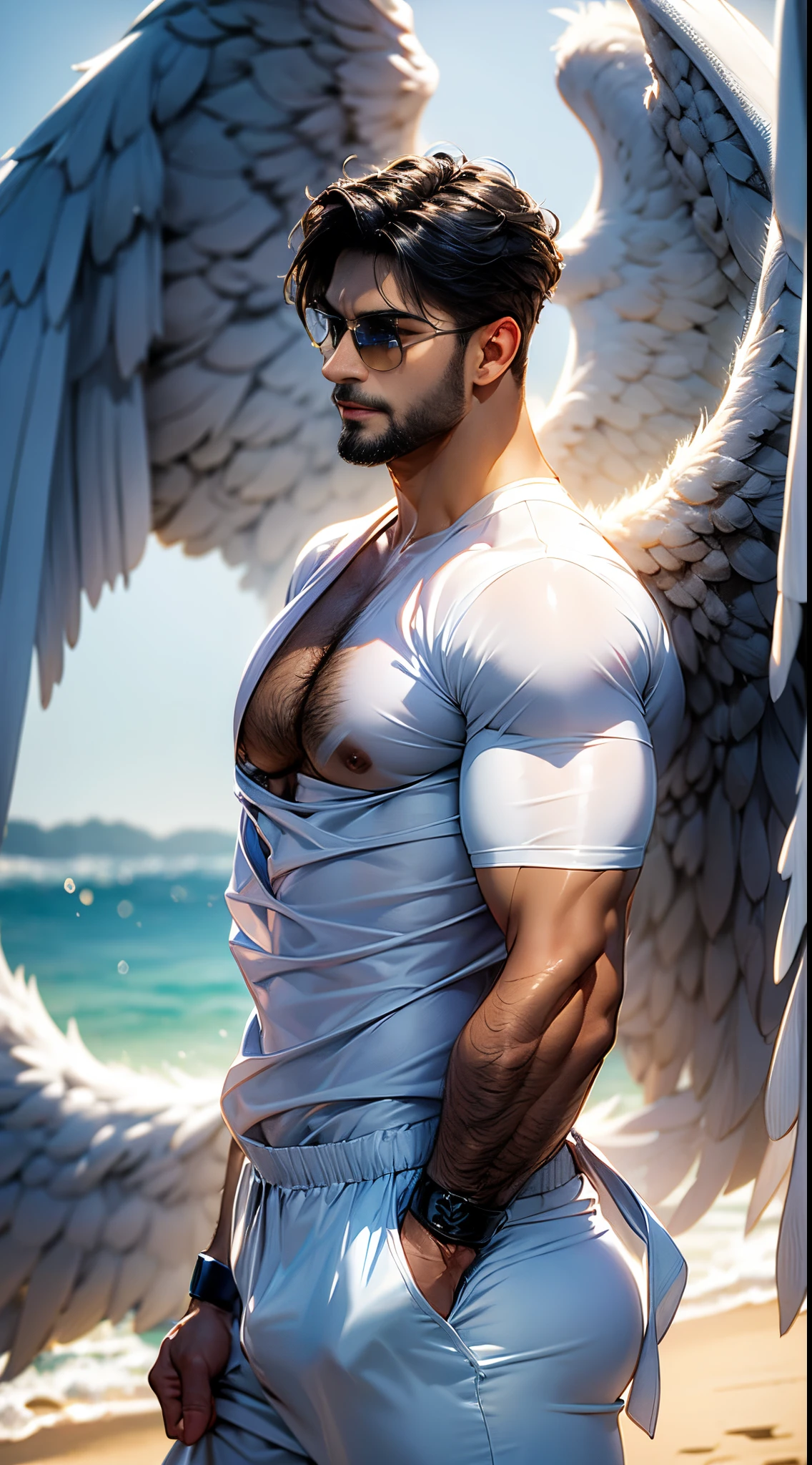(best quality,ultra-detailed,realistic:1.37), Daegan Tronos Character(1), handsome, dark skin, dark-tanned, perfect wings angel, symmetrical wings,blue eyes,small beard, medium-long haircut,casual outfit, urban sports clothing, man stance, attractive,vibrant colors, modern cool outfit, fight punch pose.